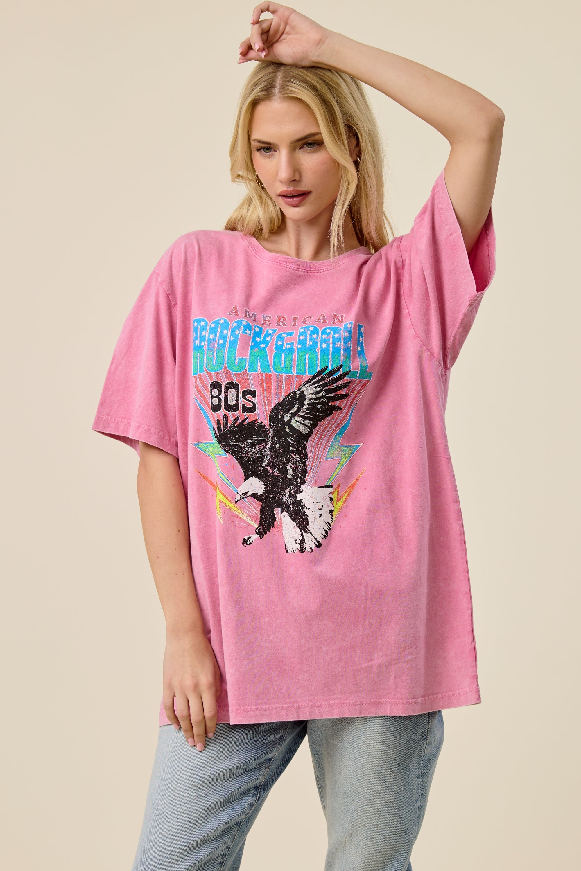 FORYERI Vintage Rock & Roll Graphic Oversized Tee for Women – American 80s Eagle Print, Washed Pink, Relaxed Loose Fit T-Shirt