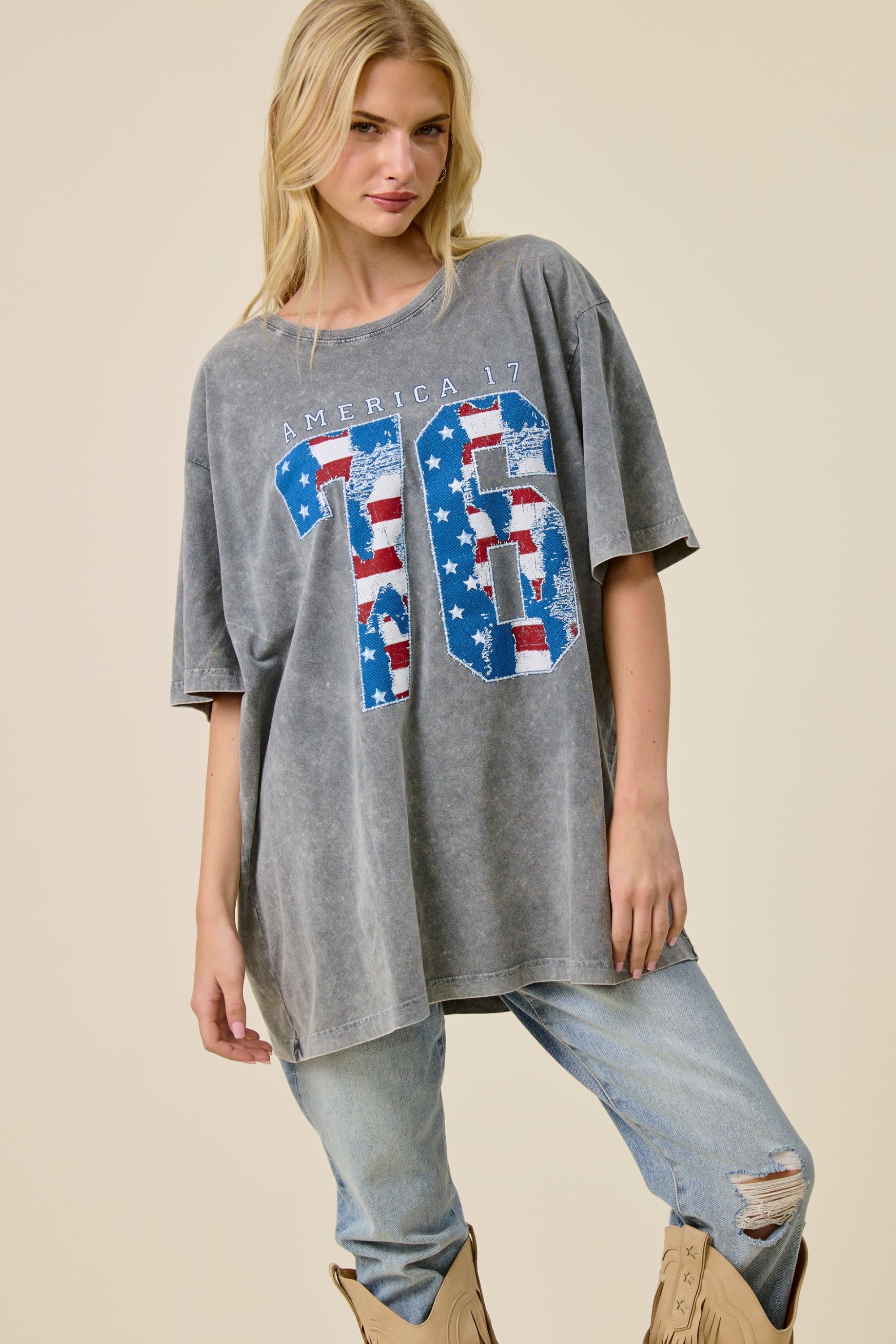 FORYERI Vintage Washed Oversized Graphic Tee for Women – Americana 76 Print, Relaxed Loose Fit Casual T-Shirt