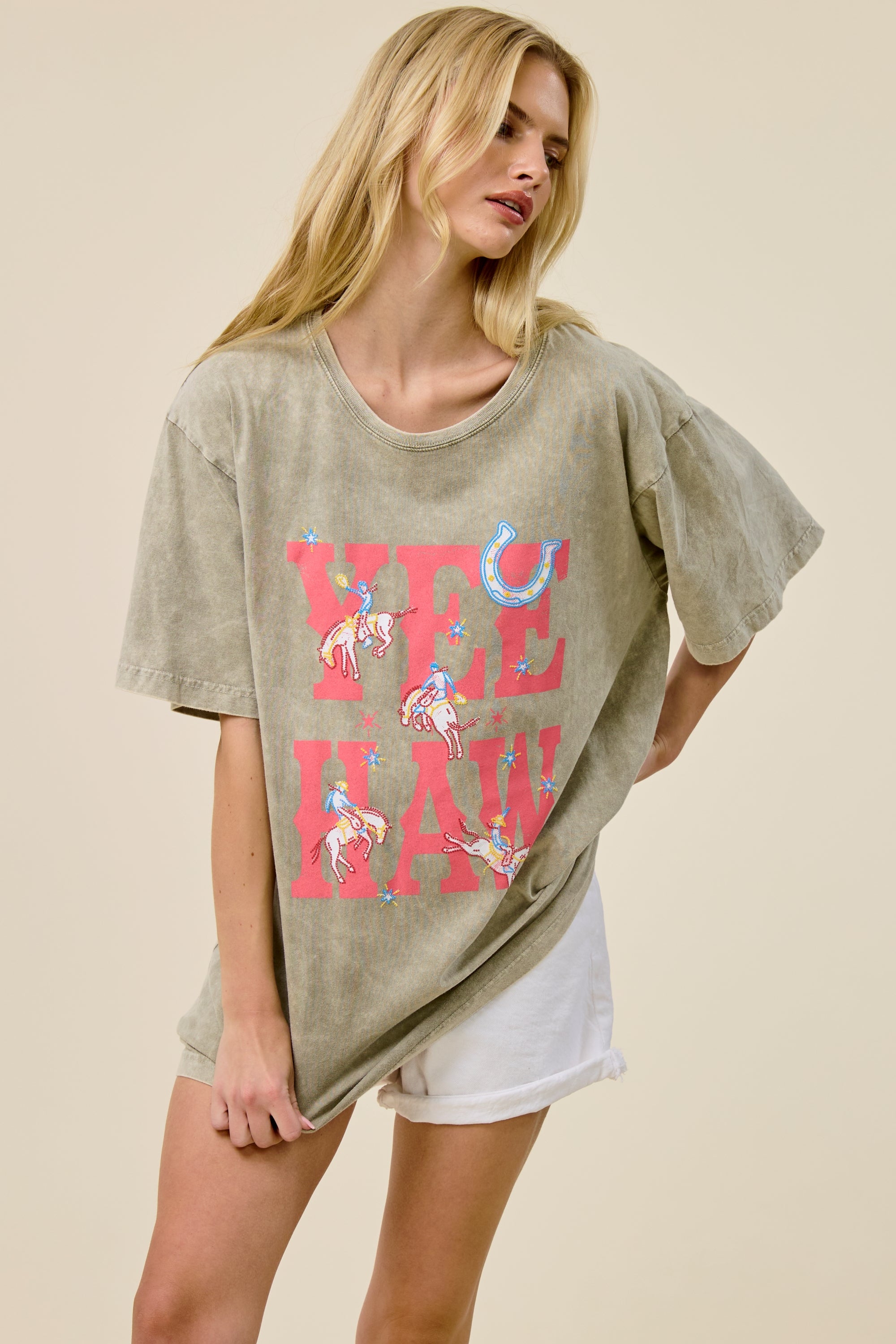 FORYERI Vintage Yee Haw Graphic Oversized Tee for Women – Western Rodeo Print, Washed Sage, Relaxed Loose Fit T-Shirt
