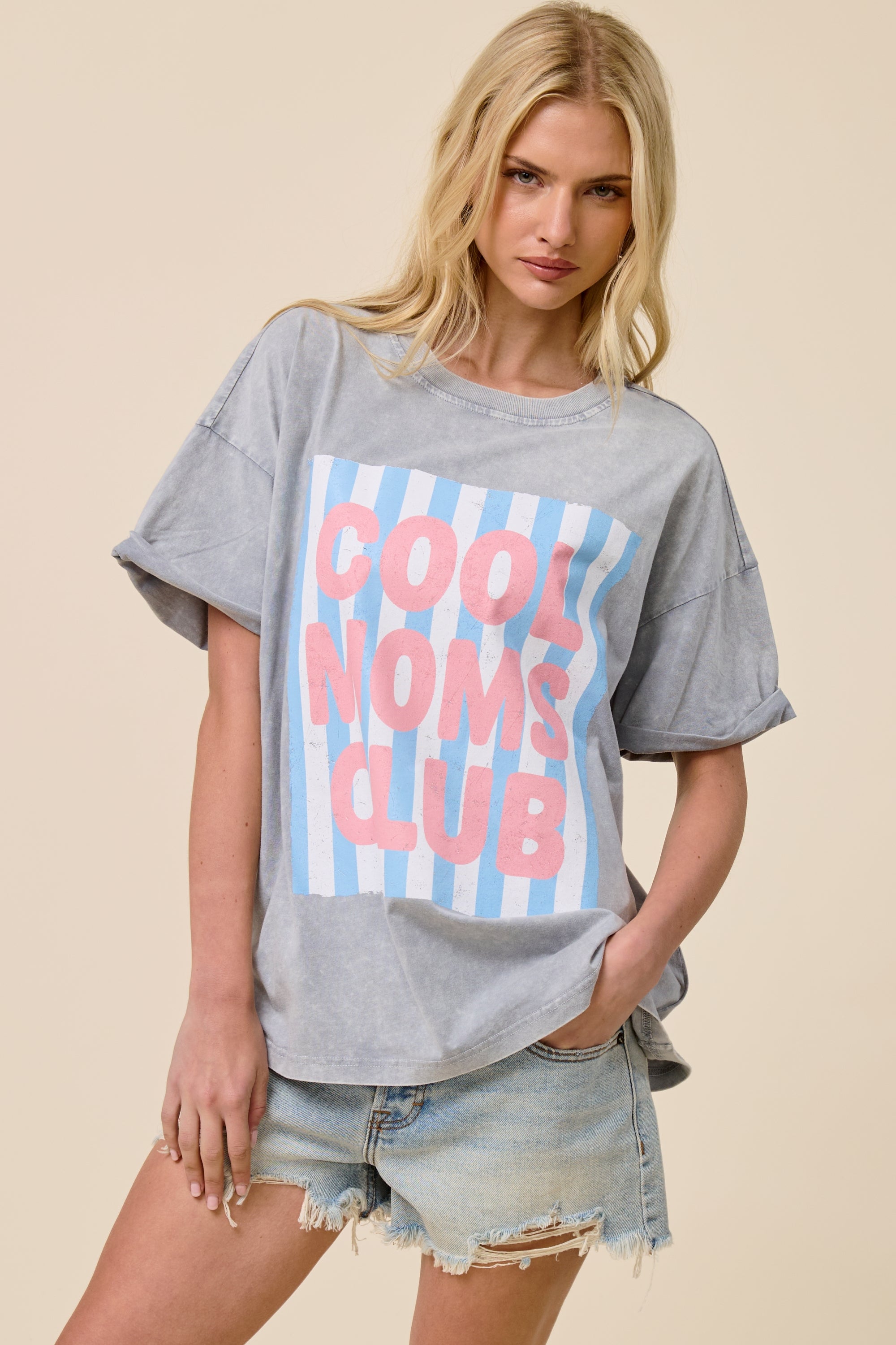Cool Moms Club Oversized Graphic Tee for Women – Vintage Mineral Washed Casual T-Shirt