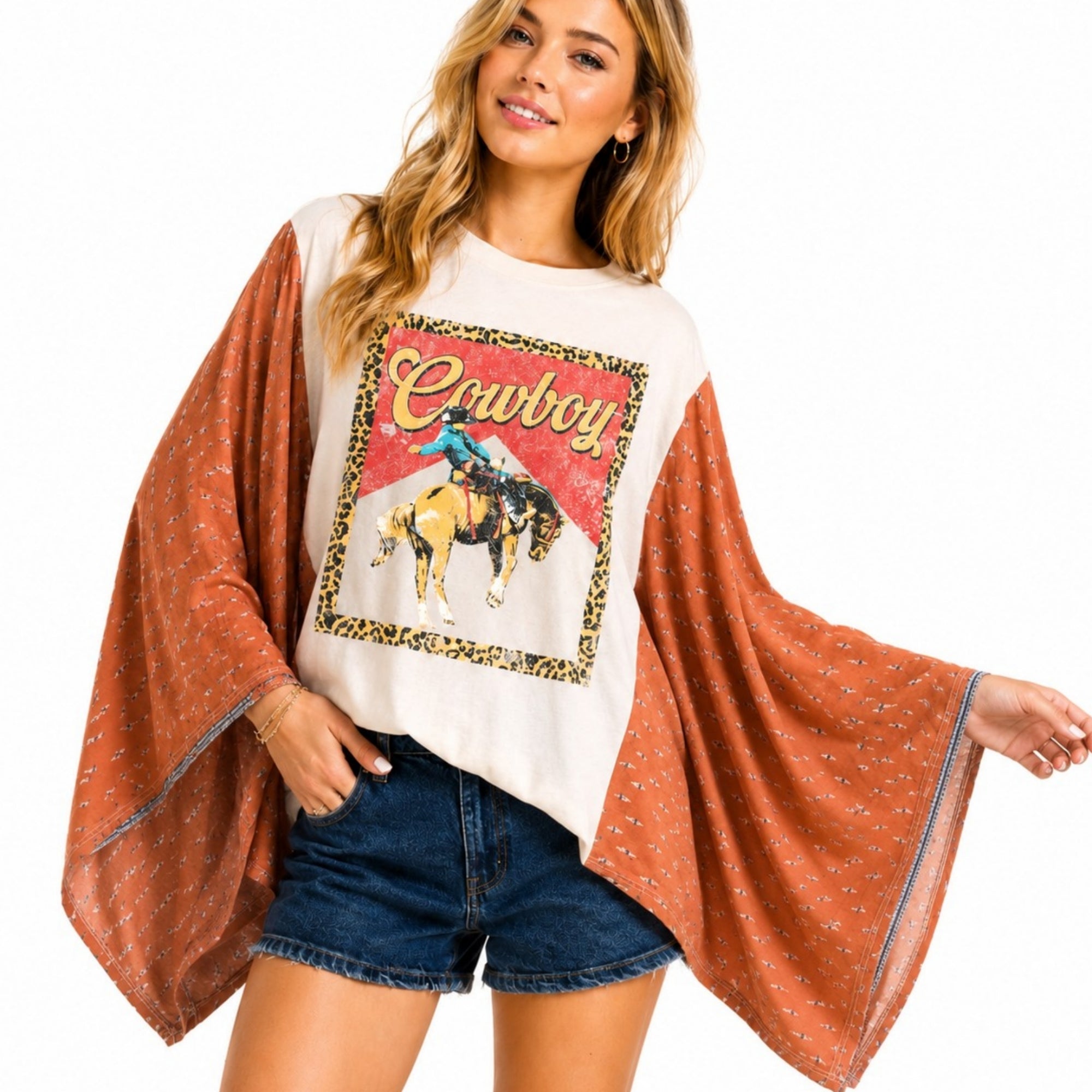 Womens Western Cowboy Kimono Sleeve Graphic Top Oversized Poncho Blouse Boho Batwing Loose Fit Shirt