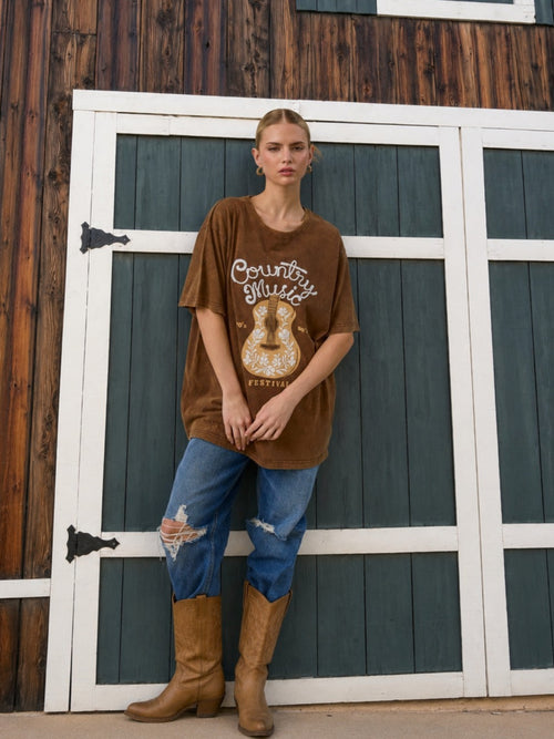 Country Music Festival Oversized Graphic Tee for Women – Vintage Mineral Washed Western T-Shirt