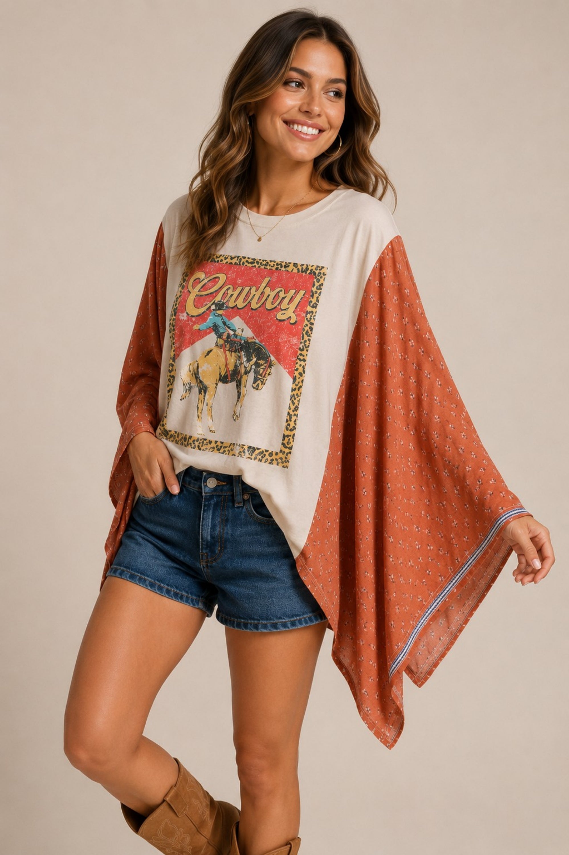 Womens Western Cowboy Kimono Sleeve Graphic Top Oversized Poncho Blouse Boho Batwing Loose Fit Shirt