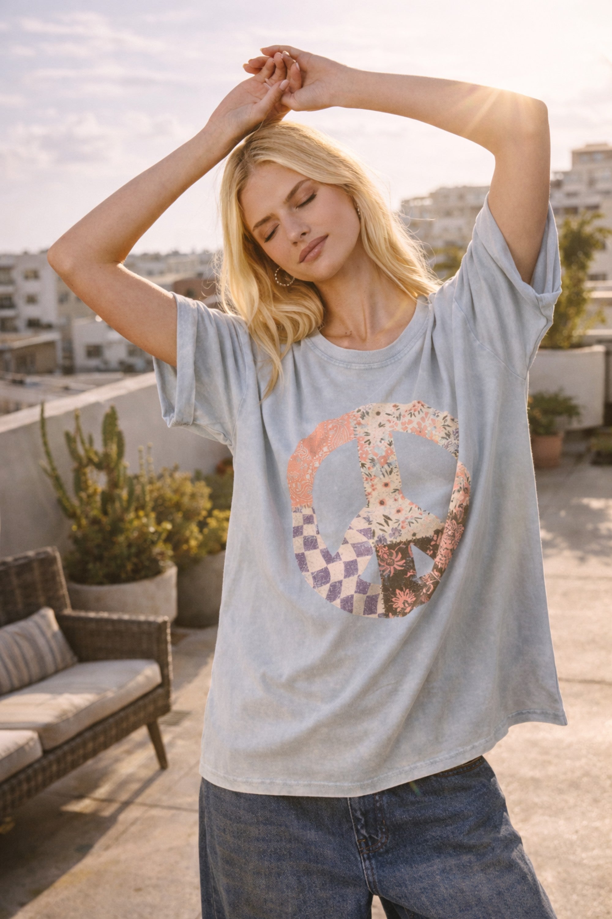Vintage Peace Sign Oversized Graphic Tee for Women – Mineral Washed Casual T-Shirt
