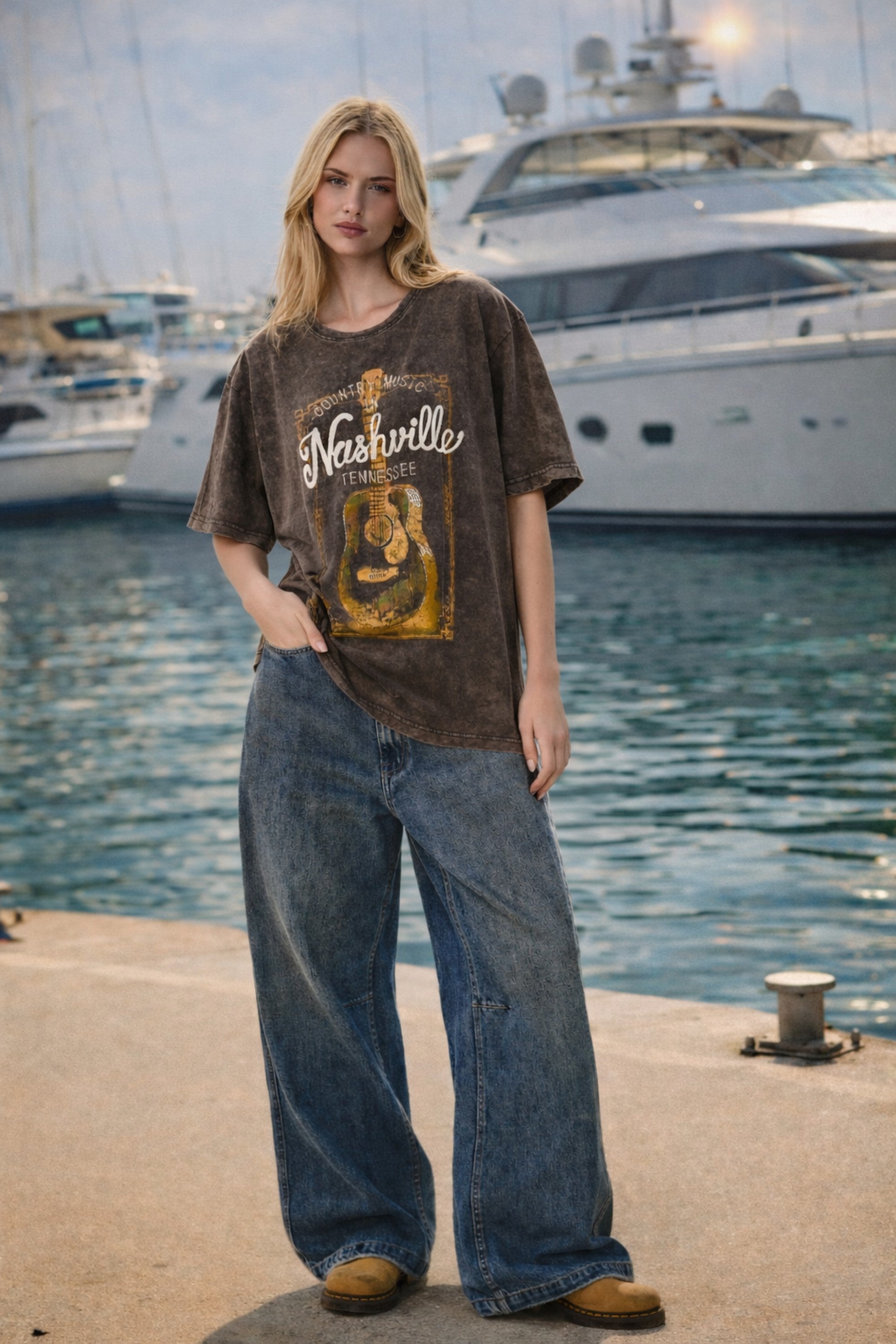 FORYERI Vintage Nashville Guitar Graphic Tee – Washed Brown Country Music Shirt, Relaxed Fit Western Style Top