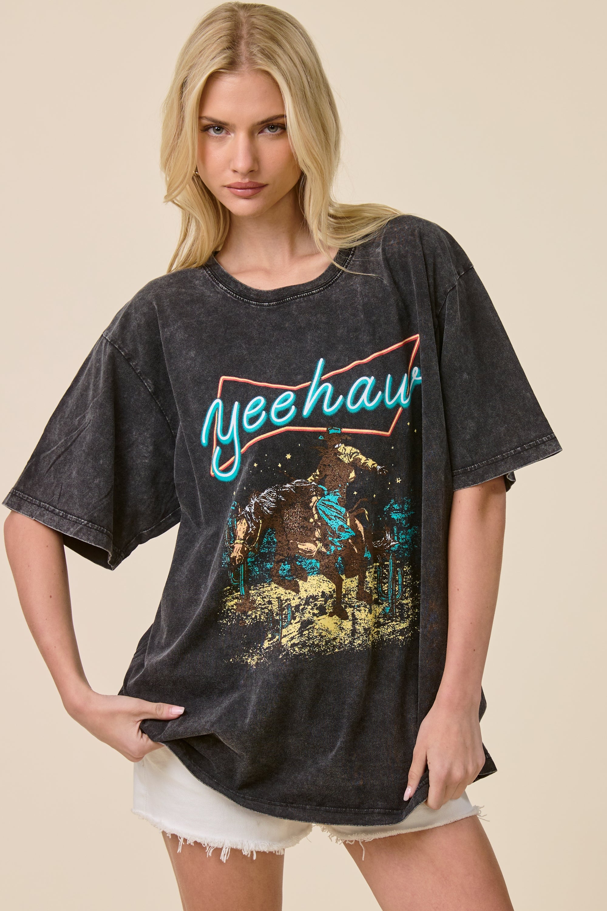 FORYERI Vintage Yeehaw Cowboy Oversized Tee – Washed Black Graphic T-Shirt