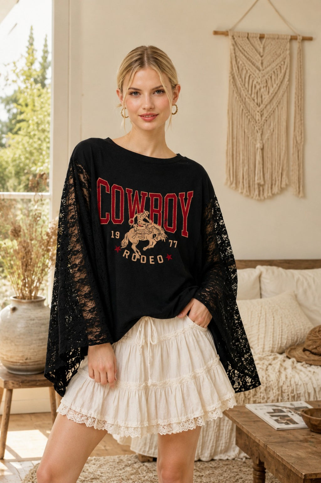 Womens Western Cowboy Lace Kimono Sleeve Graphic Top Oversized Poncho Blouse Boho Batwing Tunic