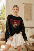 Womens Western Cowboy Lace Kimono Sleeve Graphic Top Oversized Poncho Blouse Boho Batwing Tunic