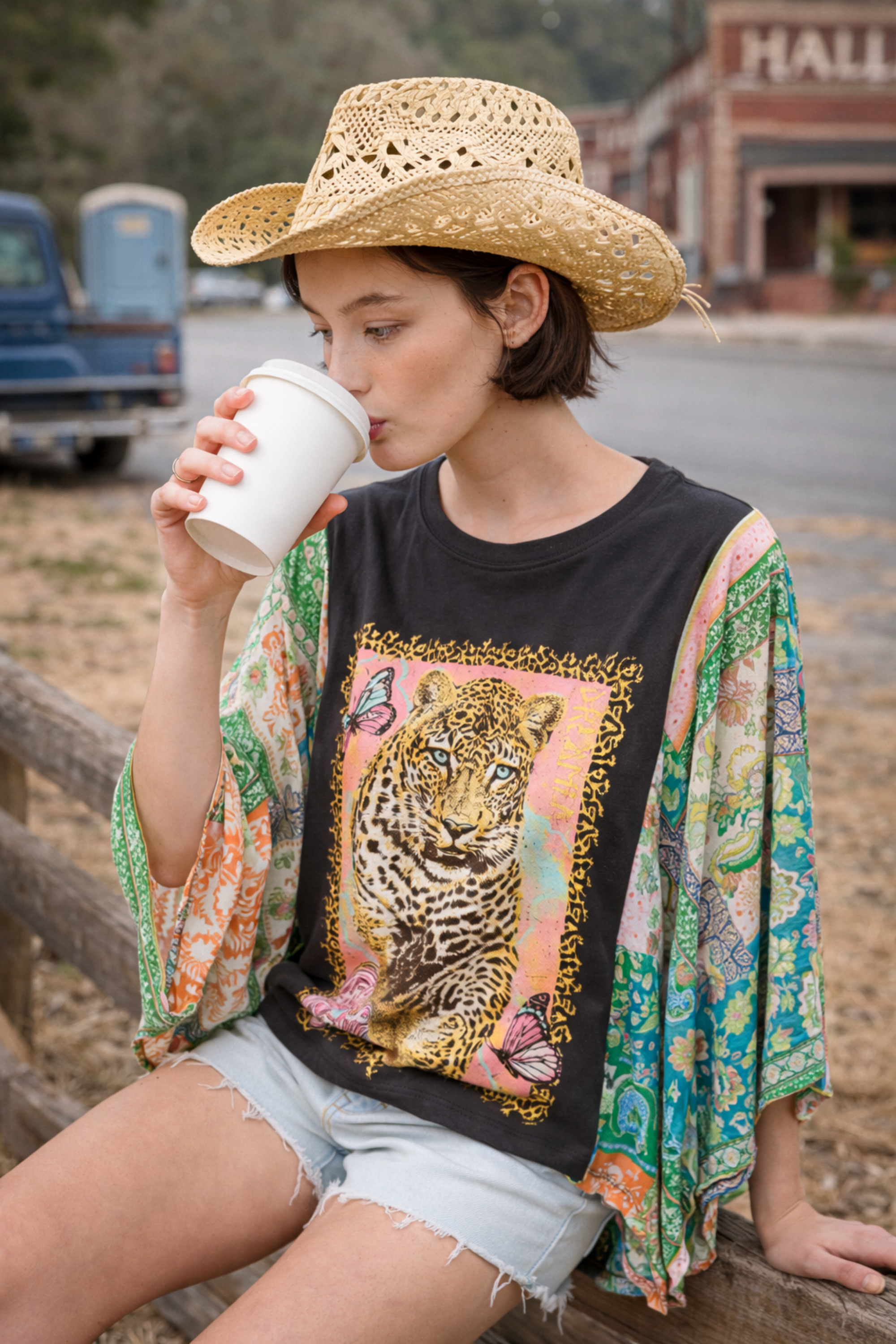 Boho Western Graphic Kimono Sleeve Top – Vintage Oversized Statement Tee