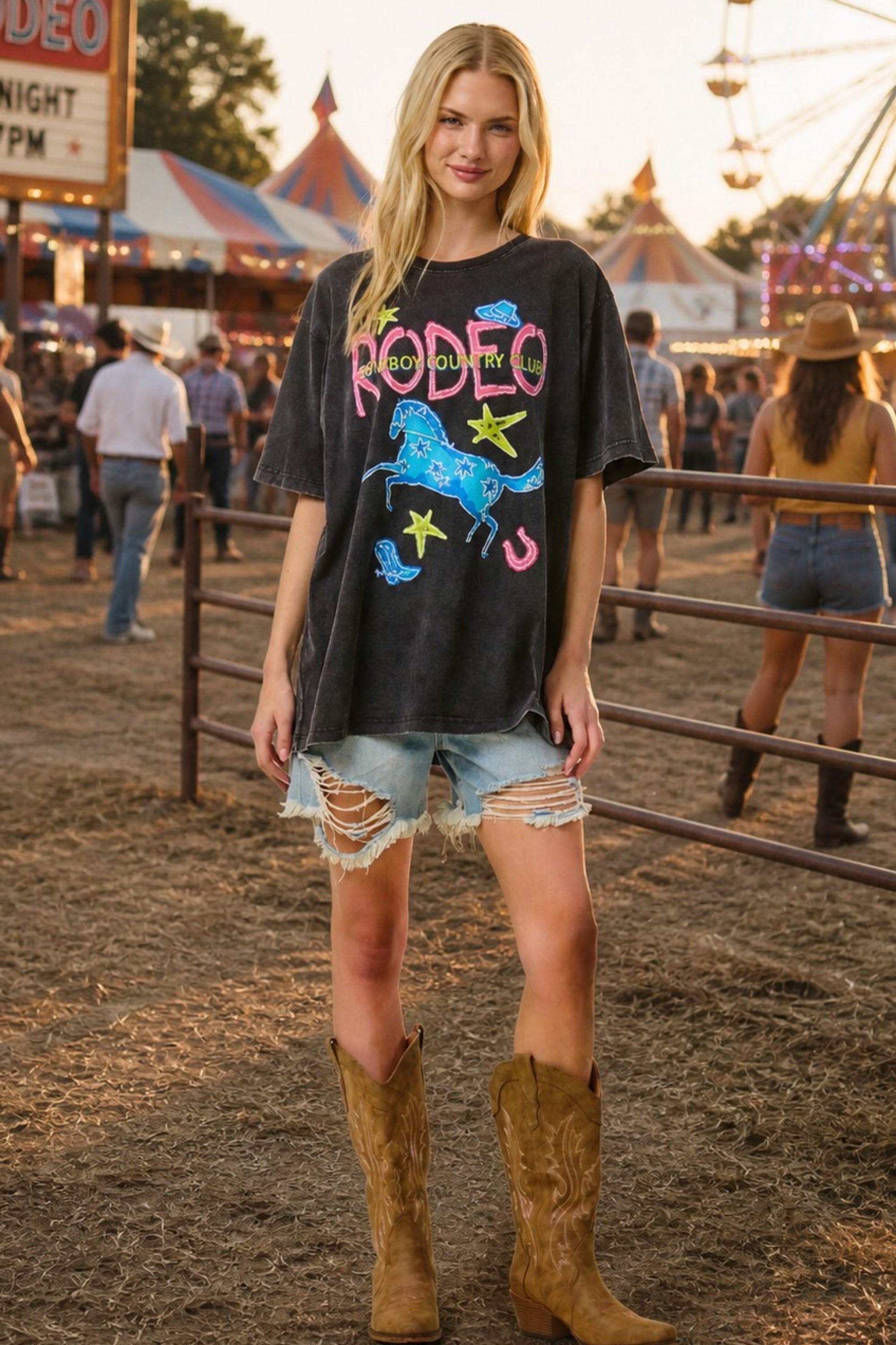 FORYERI Vintage Rodeo Graphic Oversized Tee for Women – Cowboy Country Club Print, Washed Black, Relaxed Loose Fit T-Shirt