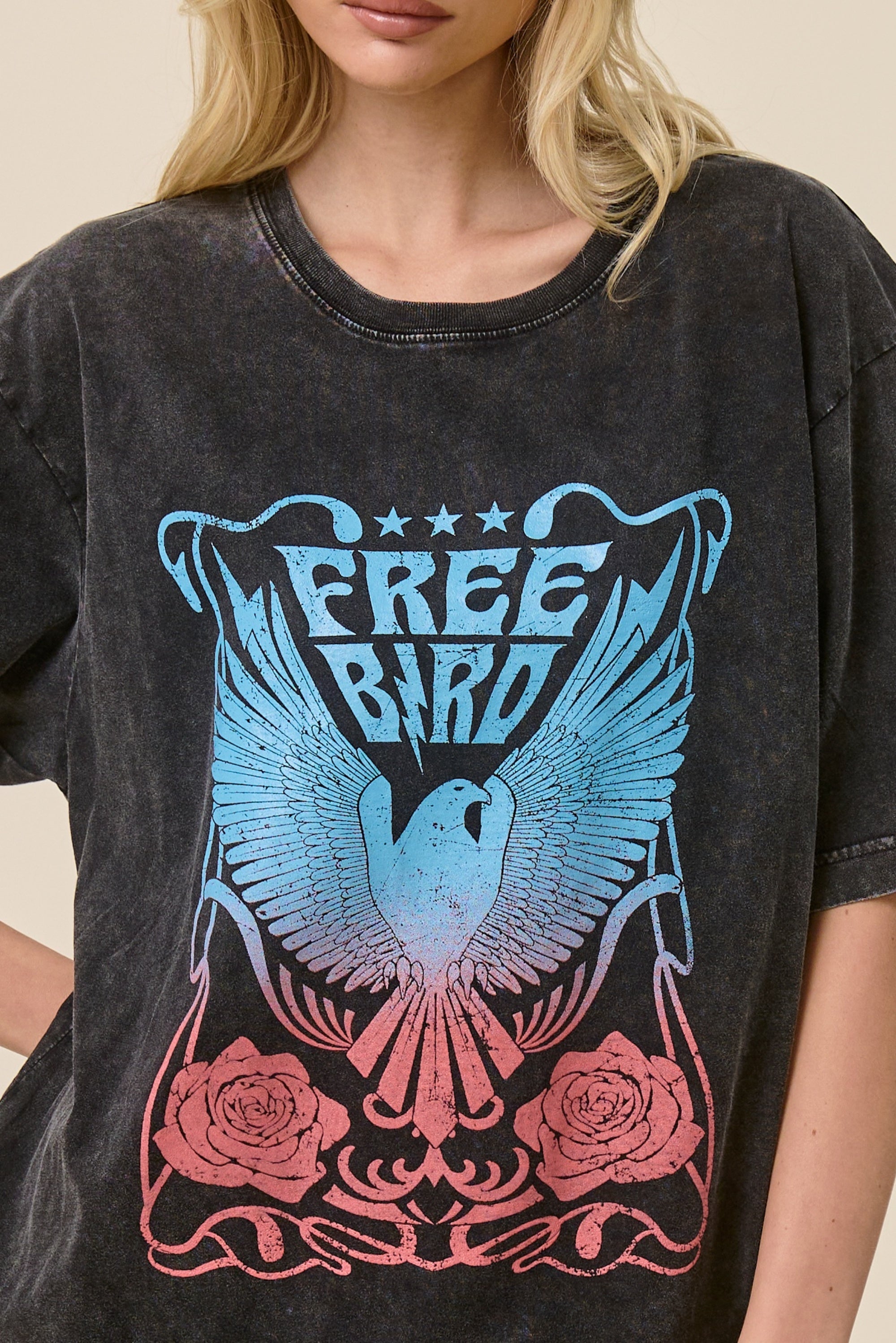 FORYERI Vintage Free Bird Graphic Tee – Washed Black Rock Style Shirt, Relaxed Fit Casual Western Top