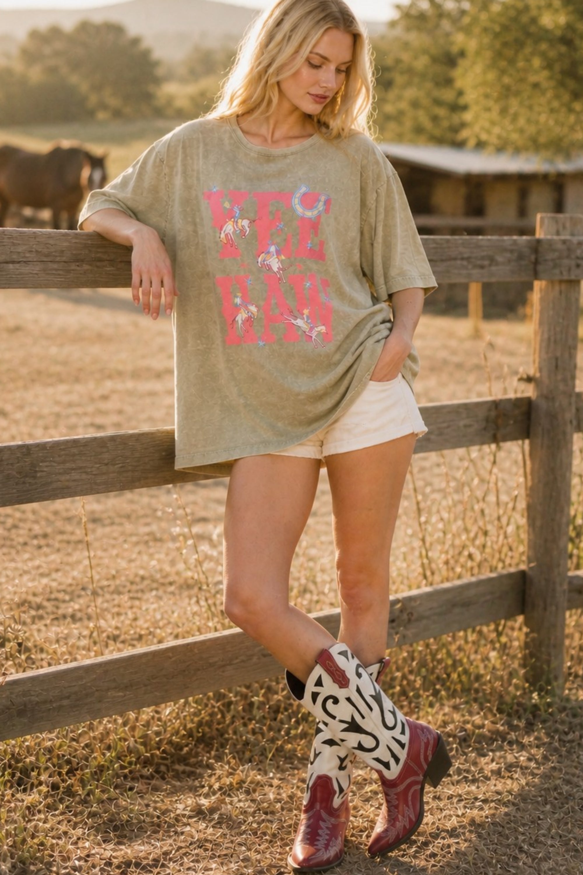 FORYERI Vintage Yee Haw Graphic Oversized Tee for Women – Western Rodeo Print, Washed Sage, Relaxed Loose Fit T-Shirt