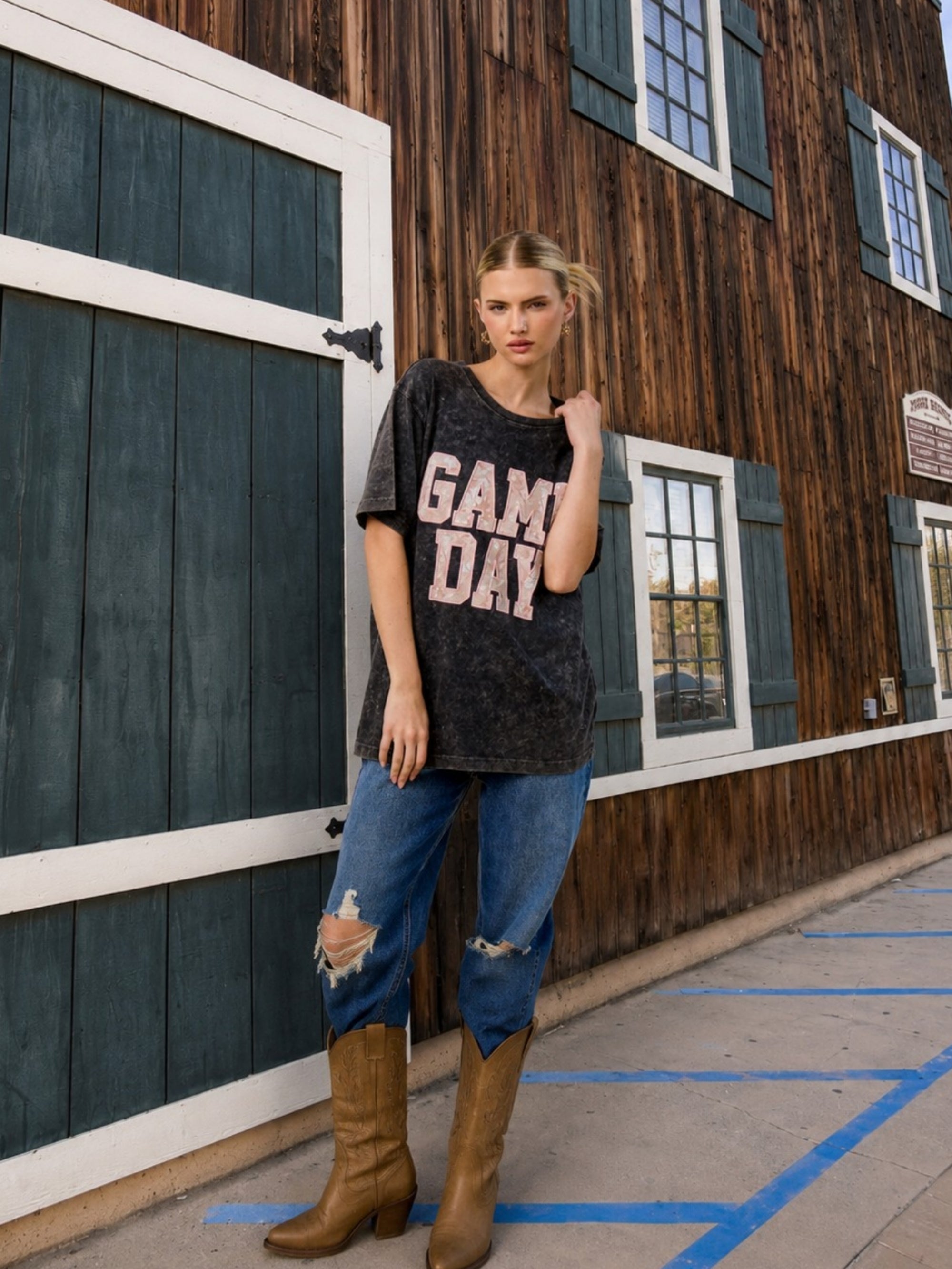 Game Day Oversized Graphic Tee for Women – Vintage Mineral Washed Football T-Shirt