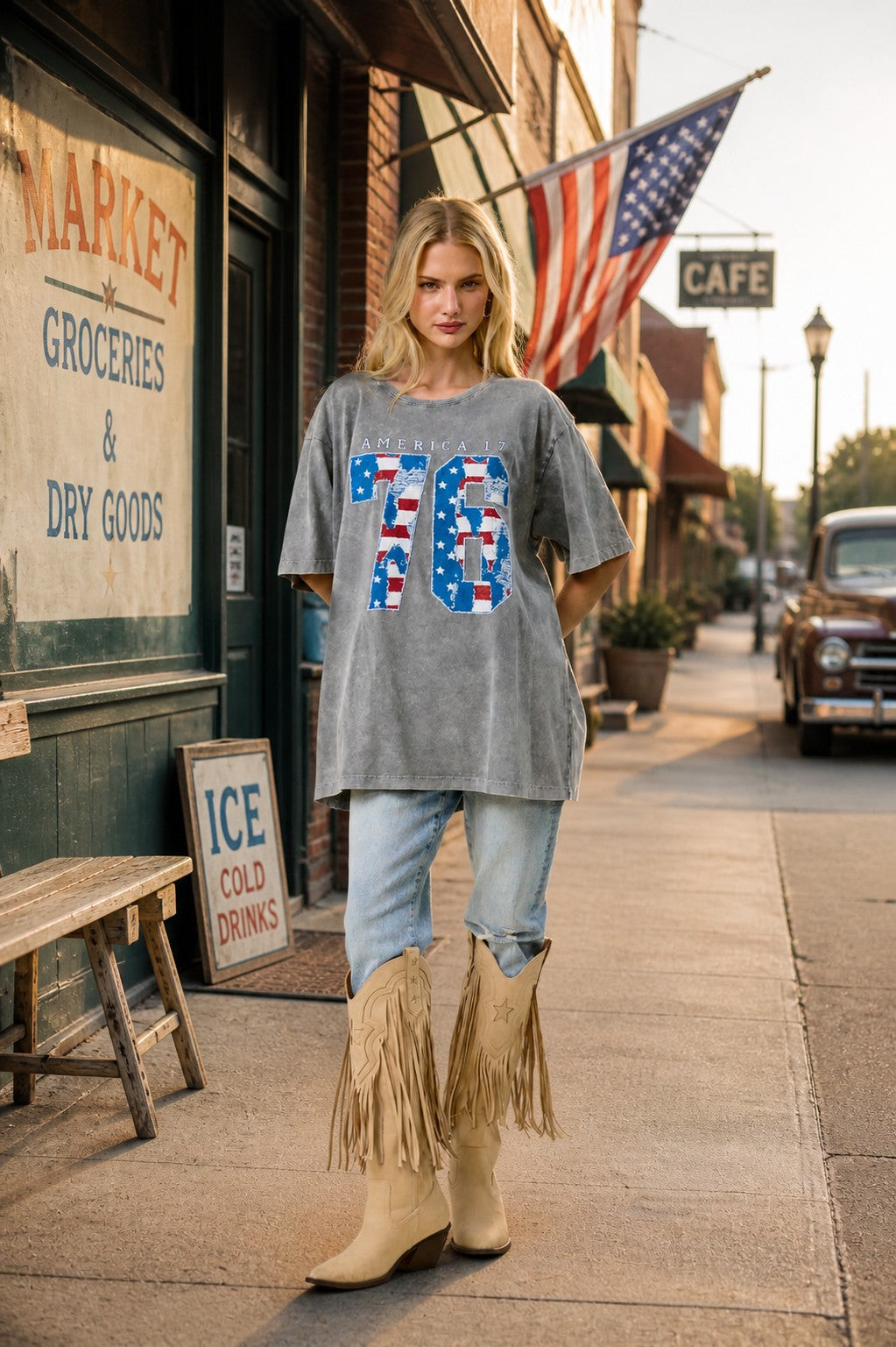 FORYERI Vintage Washed Oversized Graphic Tee for Women – Americana 76 Print, Relaxed Loose Fit Casual T-Shirt