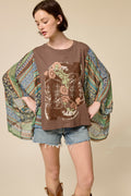 Women’s Western Graphic Patchwork Sleeve Tee – Boho Kimono Style Oversized Top