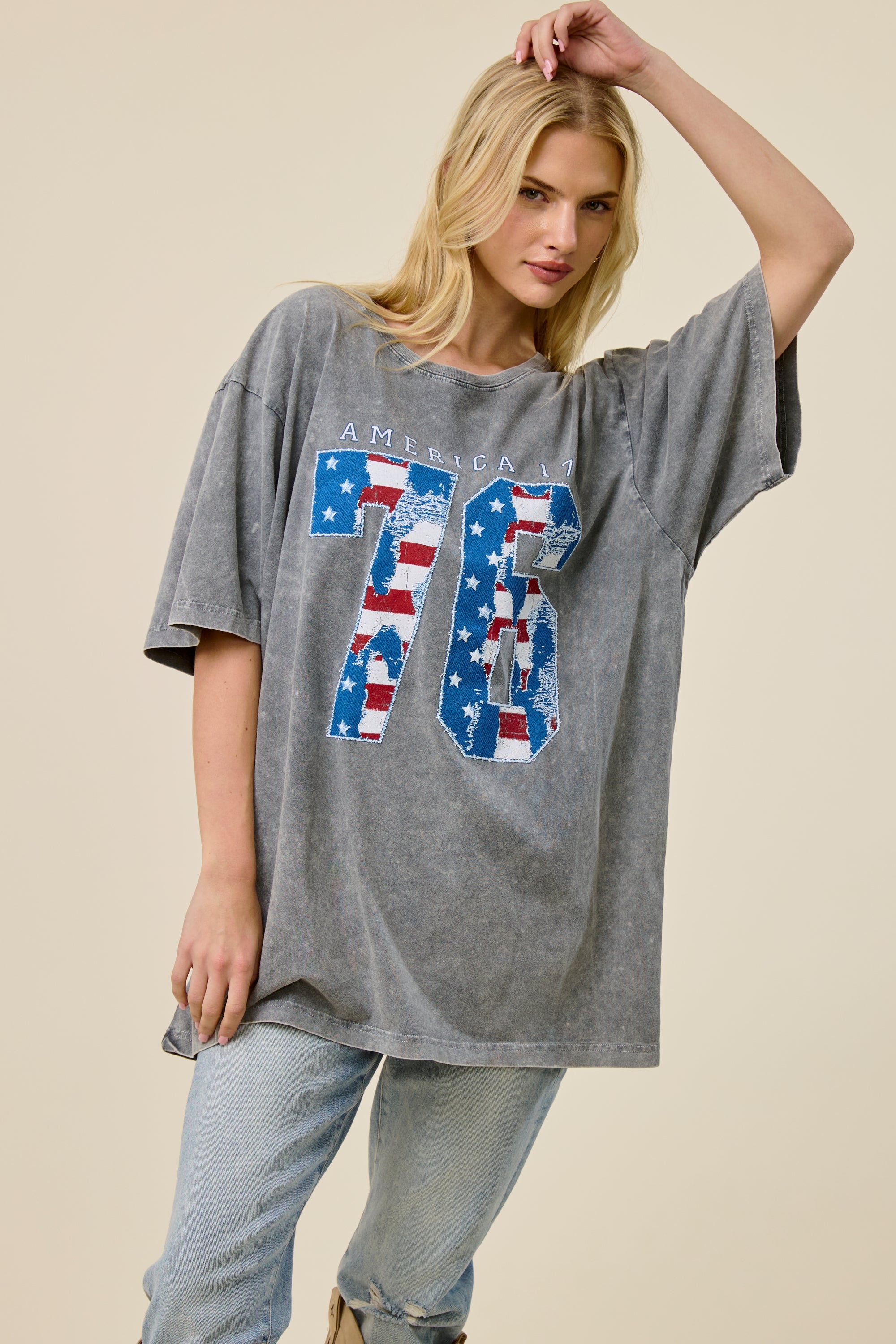 FORYERI Vintage Washed Oversized Graphic Tee for Women – Americana 76 Print, Relaxed Loose Fit Casual T-Shirt