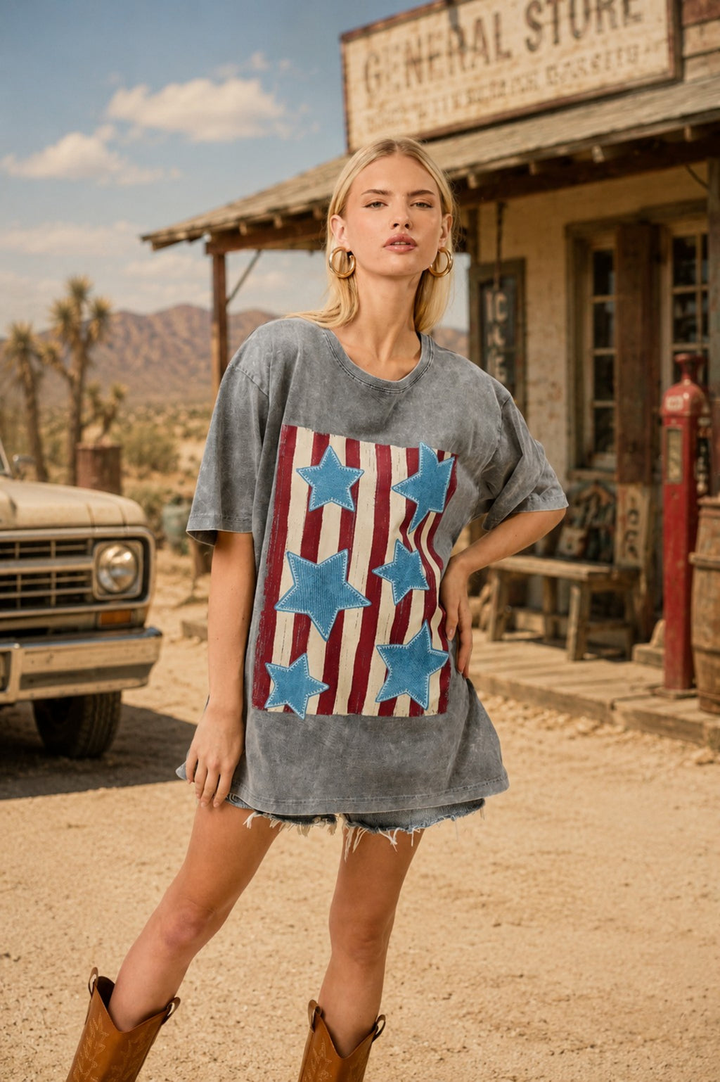 Vintage American Flag Stars Oversized Graphic Tee