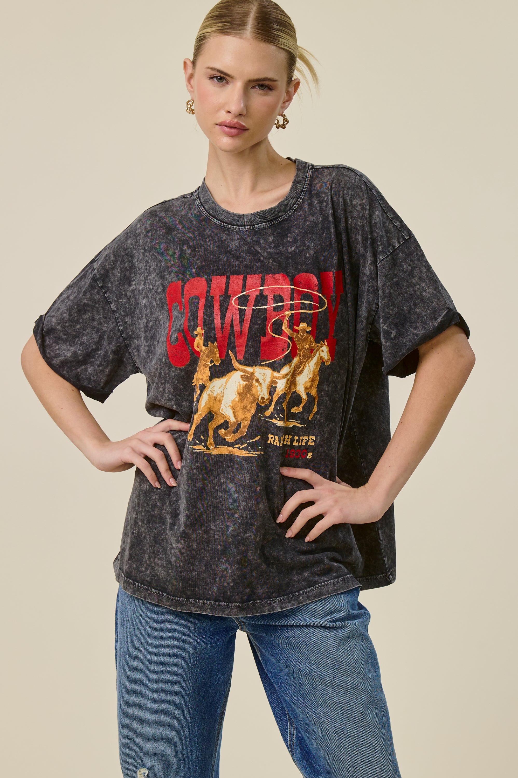 Vintage Cowboy Ranch Oversized Graphic Tee for Women – Mineral Washed Western T-Shirt