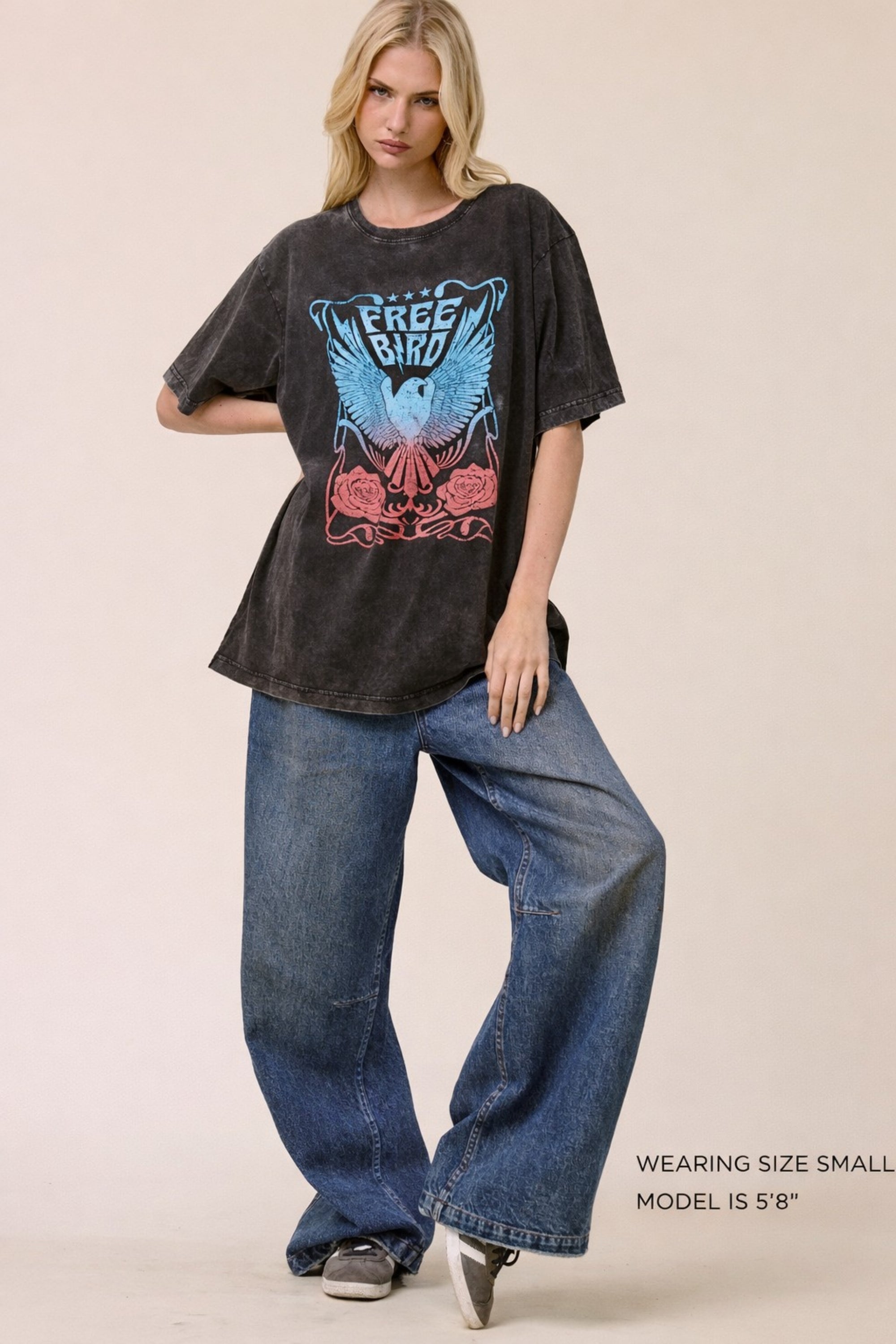 FORYERI Vintage Free Bird Graphic Tee – Washed Black Rock Style Shirt, Relaxed Fit Casual Western Top