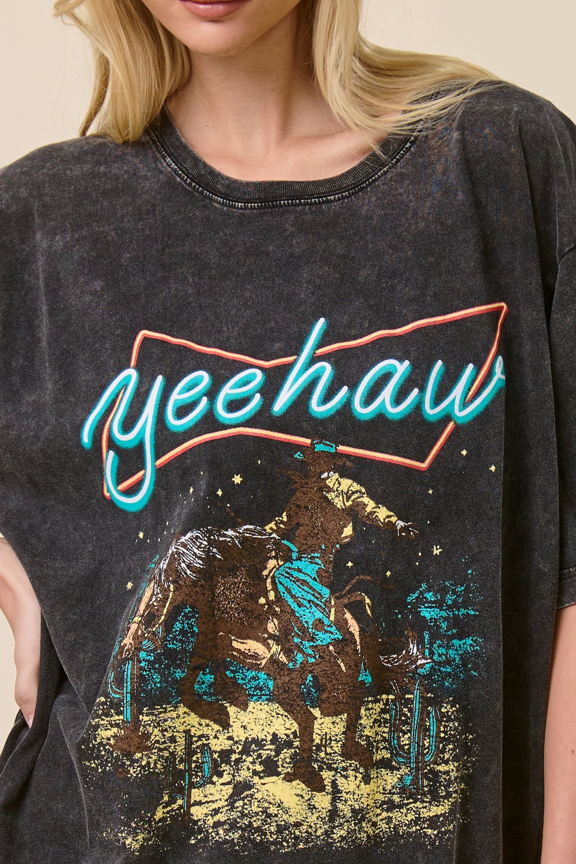 FORYERI Vintage Yeehaw Cowboy Oversized Tee – Washed Black Graphic T-Shirt