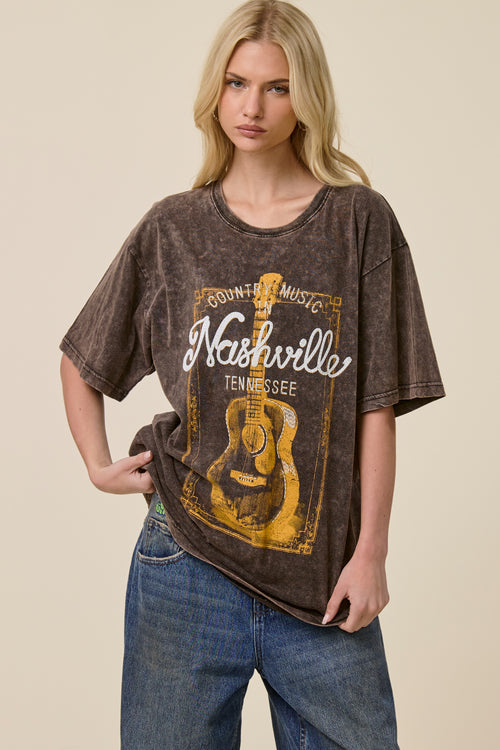 FORYERI Vintage Nashville Guitar Graphic Tee – Washed Brown Country Music Shirt, Relaxed Fit Western Style Top