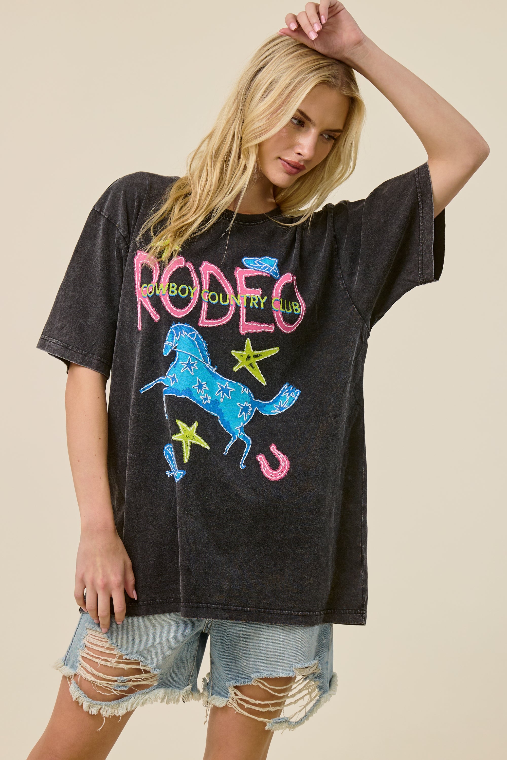 FORYERI Vintage Rodeo Graphic Oversized Tee for Women – Cowboy Country Club Print, Washed Black, Relaxed Loose Fit T-Shirt