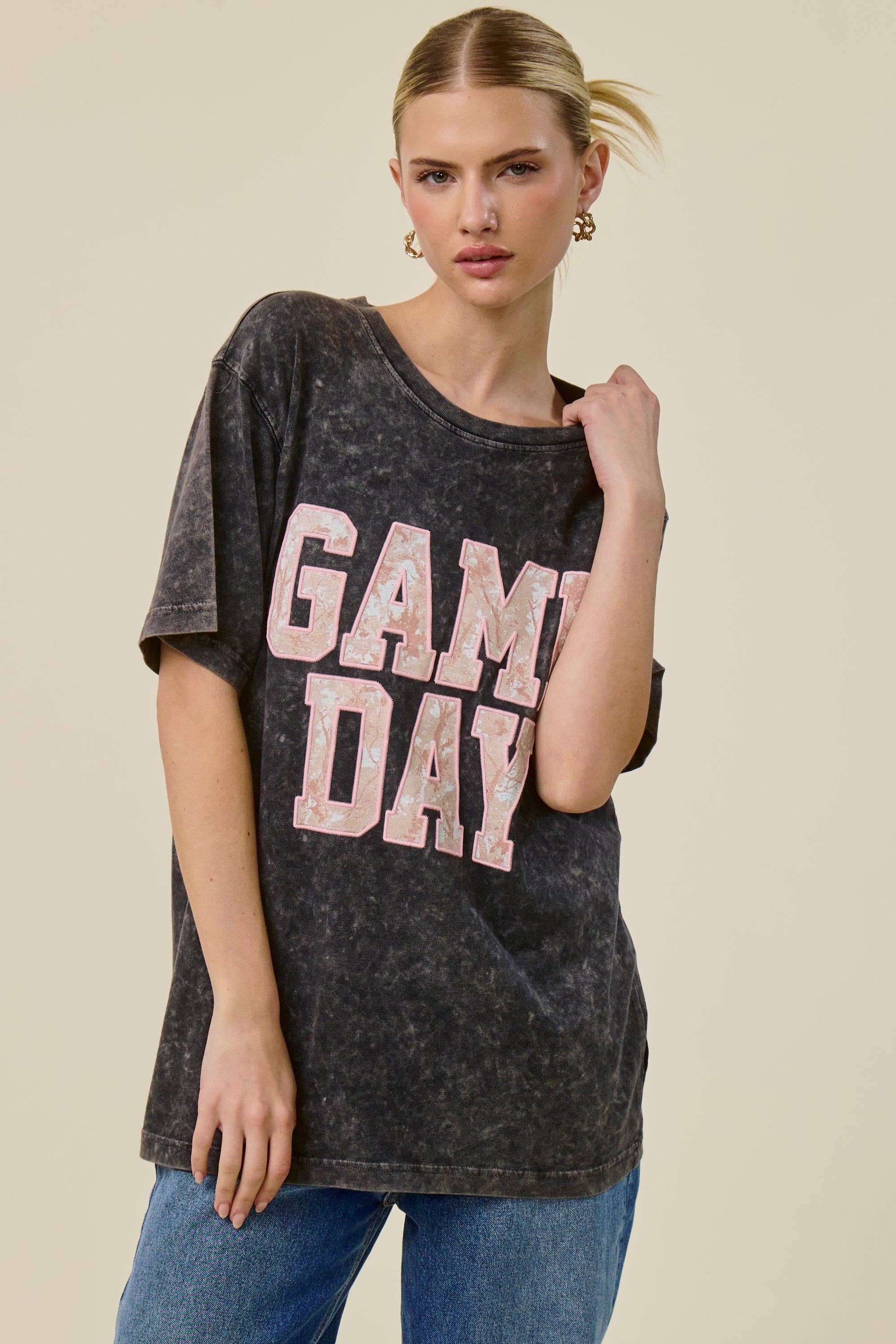 Game Day Oversized Graphic Tee for Women – Vintage Mineral Washed Football T-Shirt