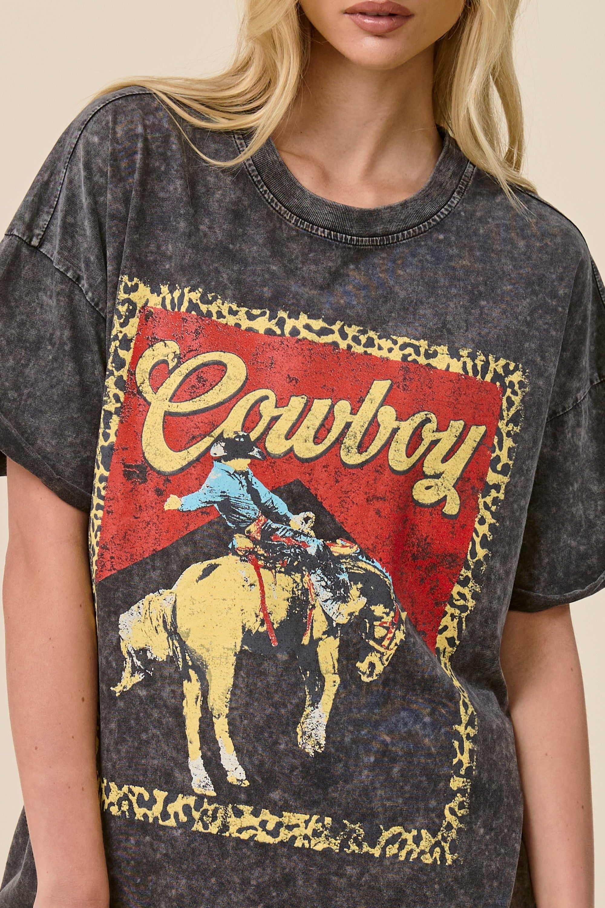 Vintage Cowboy Oversized Graphic Tee for Women – Mineral Washed Western T-Shirt