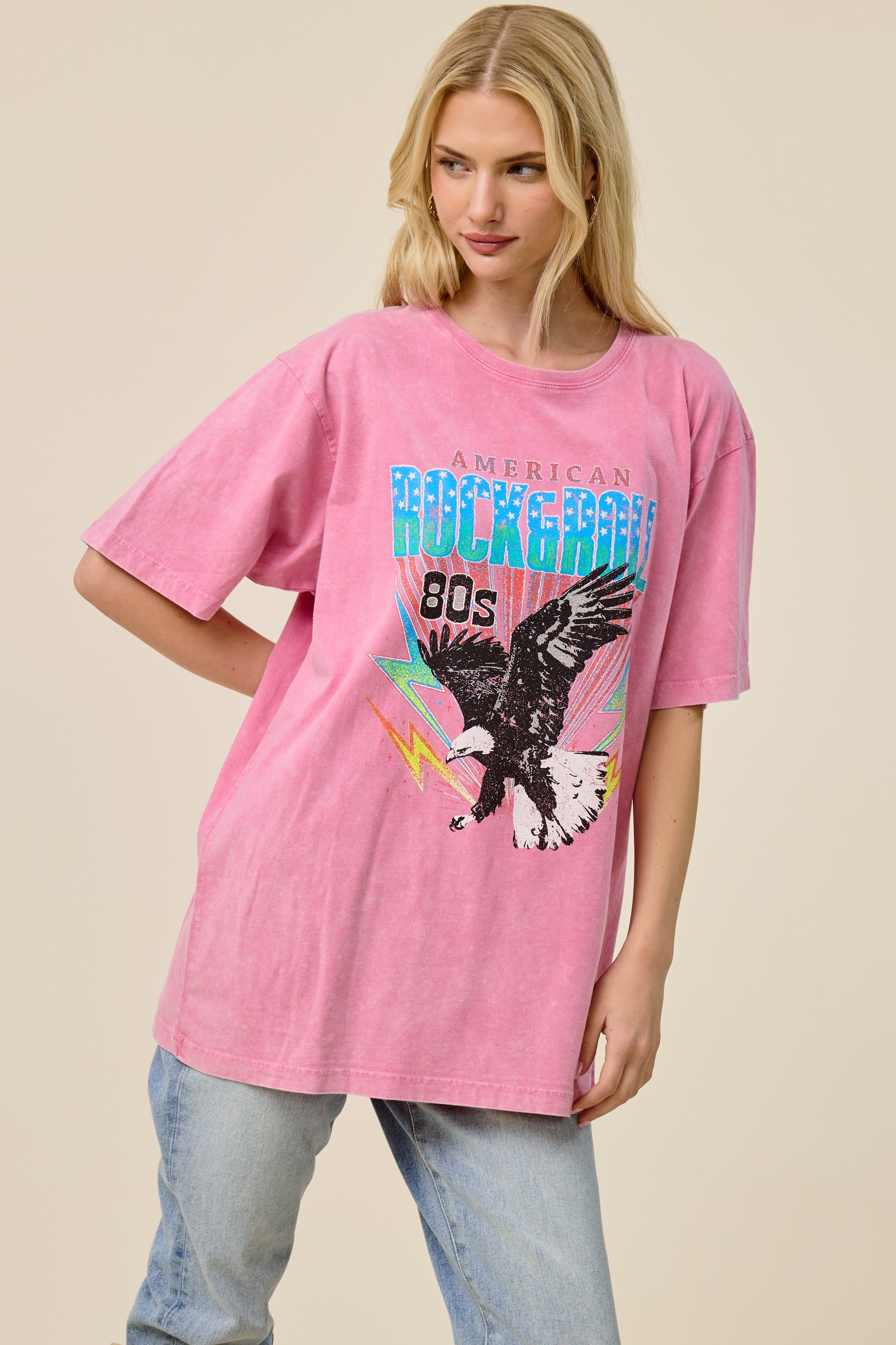 FORYERI Vintage Rock & Roll Graphic Oversized Tee for Women – American 80s Eagle Print, Washed Pink, Relaxed Loose Fit T-Shirt