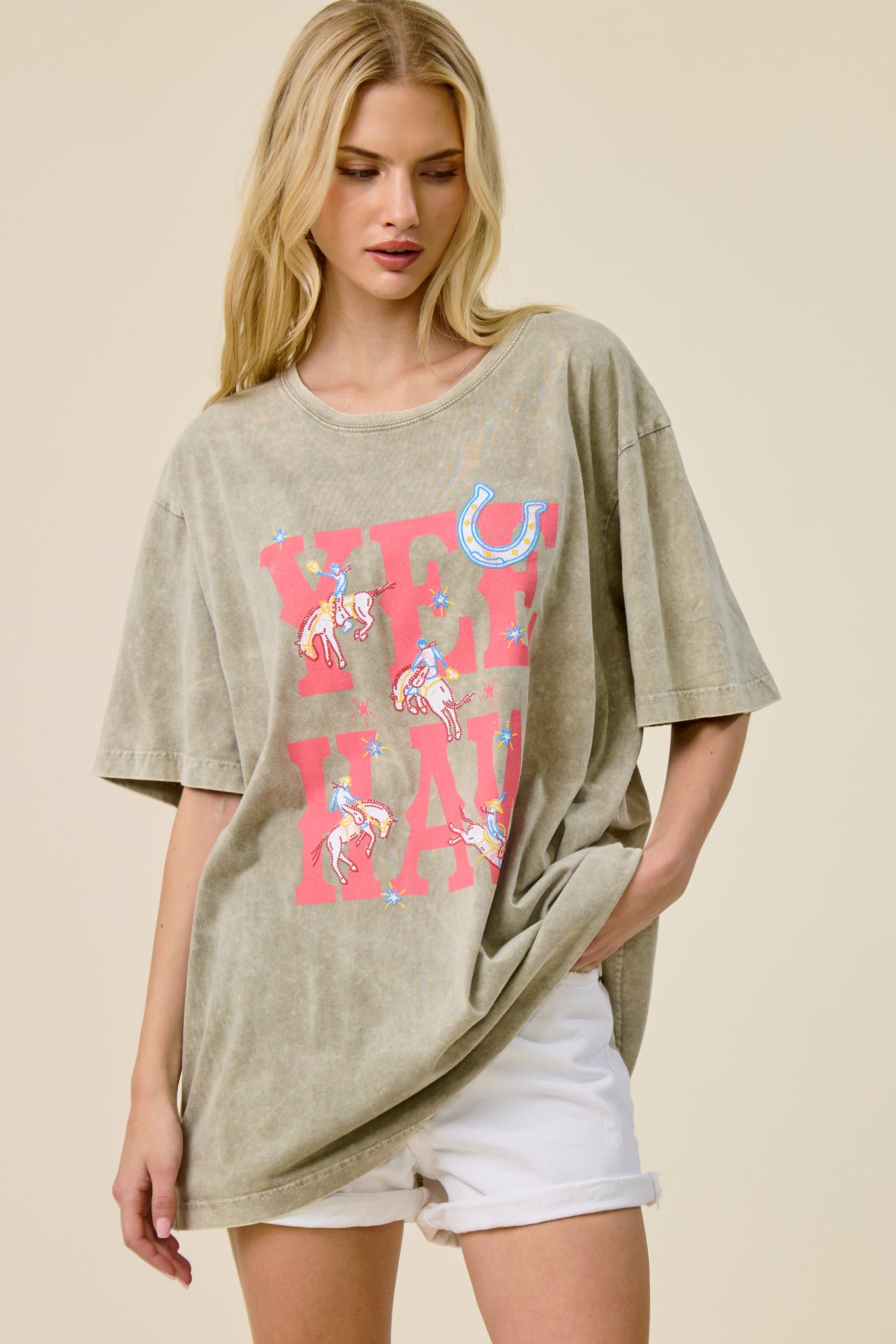 FORYERI Vintage Yee Haw Graphic Oversized Tee for Women – Western Rodeo Print, Washed Sage, Relaxed Loose Fit T-Shirt