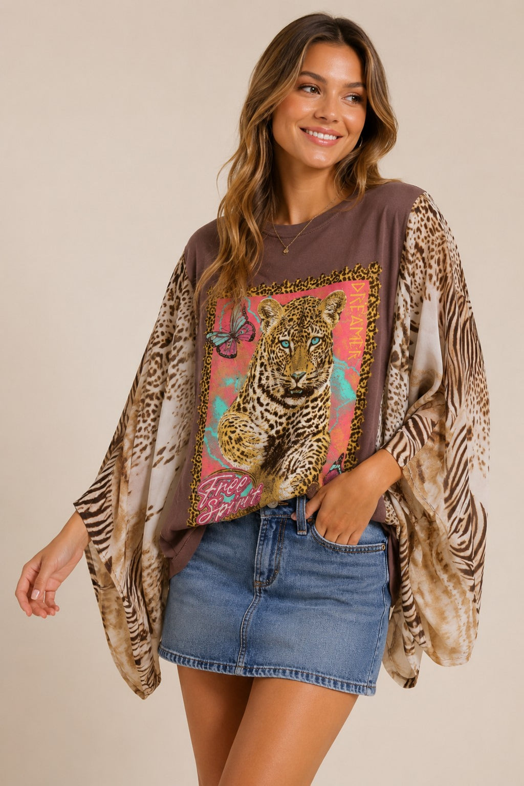 Womens Boho Leopard Kimono Sleeve Graphic Top Oversized Animal Print Poncho Tunic Loose Fit Blouse