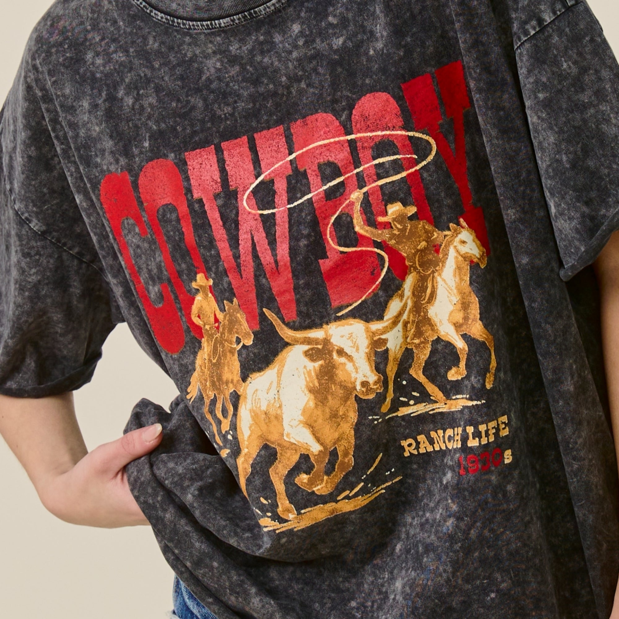 Vintage Cowboy Ranch Oversized Graphic Tee for Women – Mineral Washed Western T-Shirt