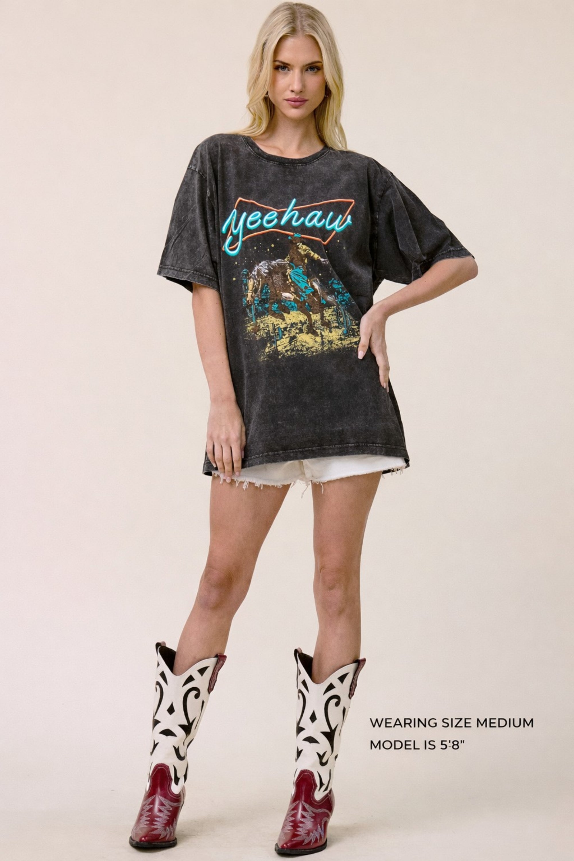 FORYERI Vintage Yeehaw Cowboy Oversized Tee – Washed Black Graphic T-Shirt