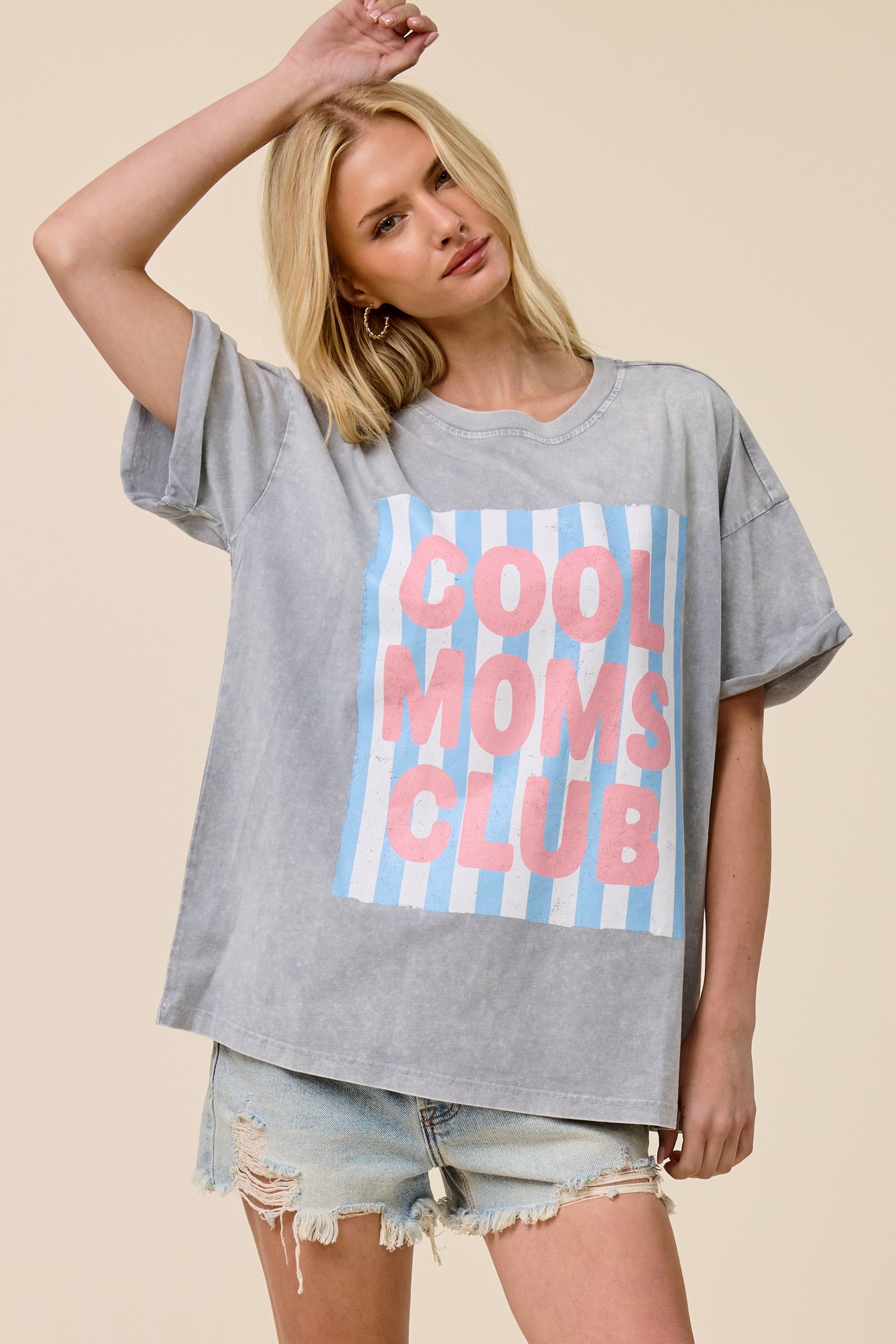 Cool Moms Club Oversized Graphic Tee for Women – Vintage Mineral Washed Casual T-Shirt