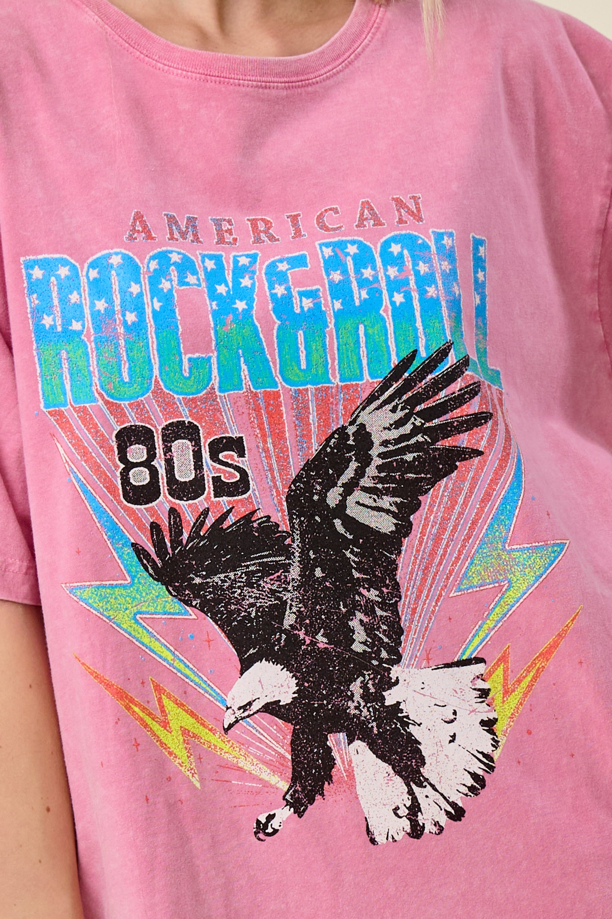 FORYERI Vintage Rock & Roll Graphic Oversized Tee for Women – American 80s Eagle Print, Washed Pink, Relaxed Loose Fit T-Shirt