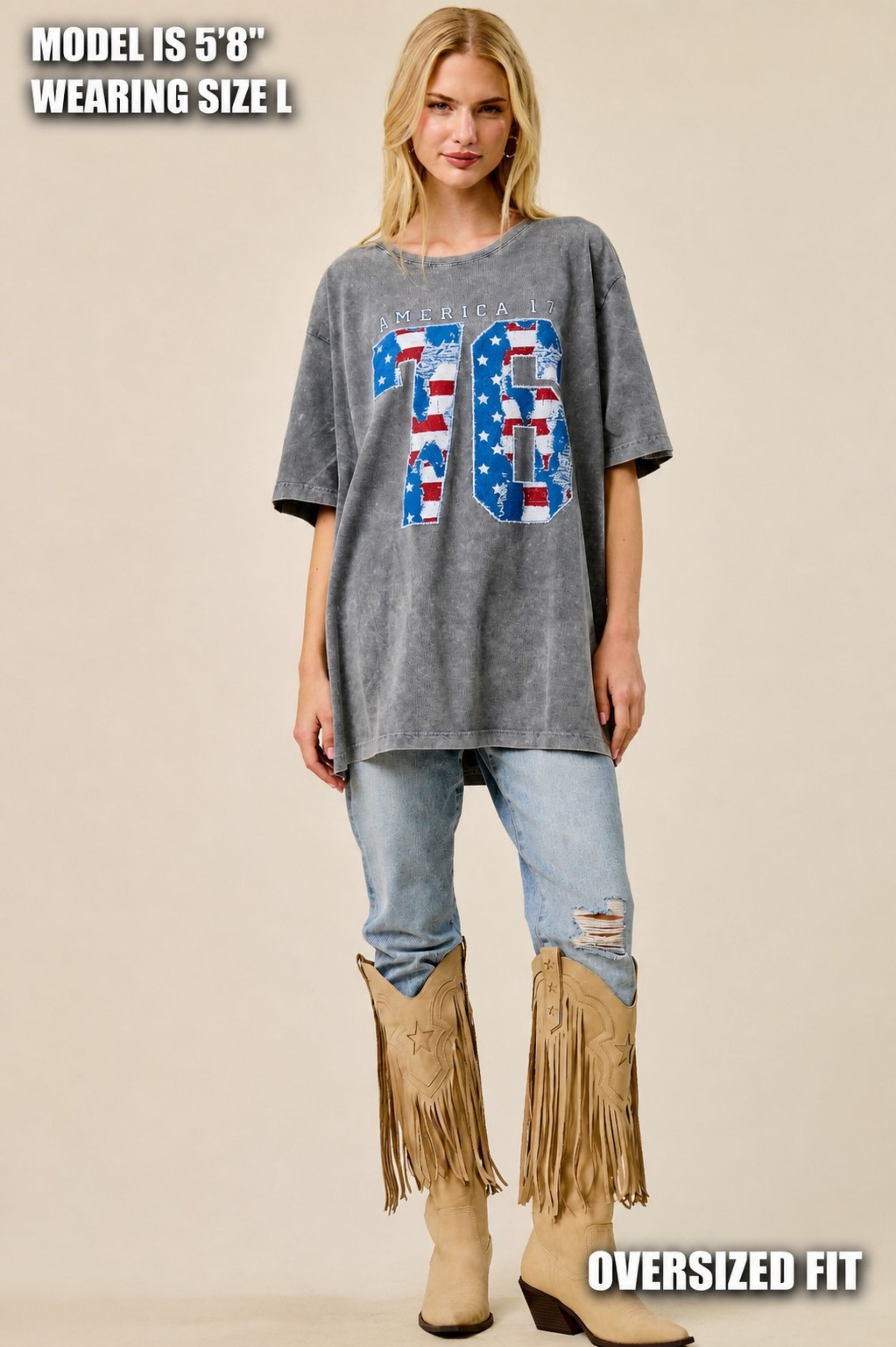 FORYERI Vintage Washed Oversized Graphic Tee for Women – Americana 76 Print, Relaxed Loose Fit Casual T-Shirt