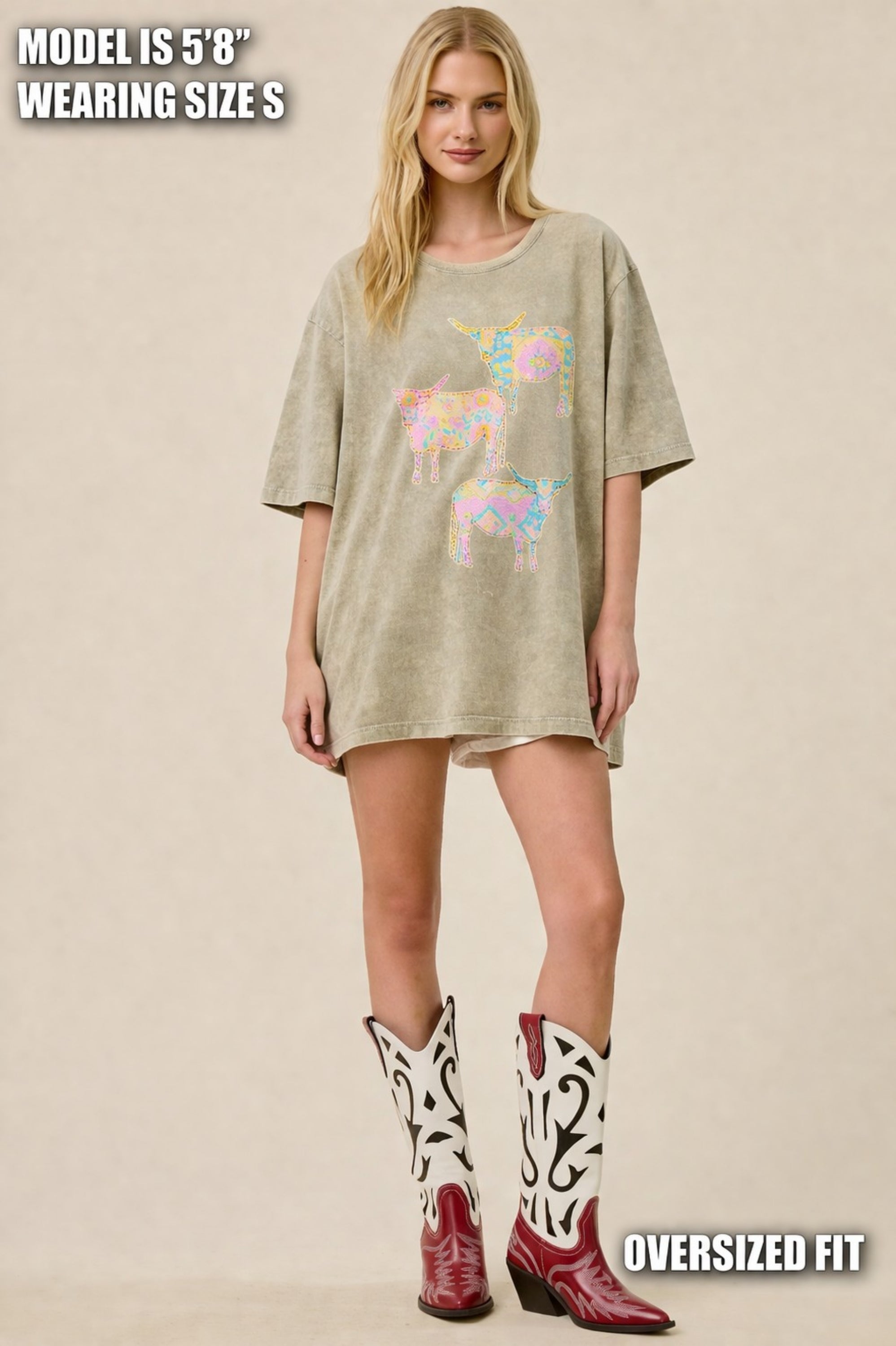 FORYERI Vintage Boho Western Graphic Oversized Tee for Women – Colorful Cow Print, Washed Sage, Relaxed Loose Fit T-Shirt