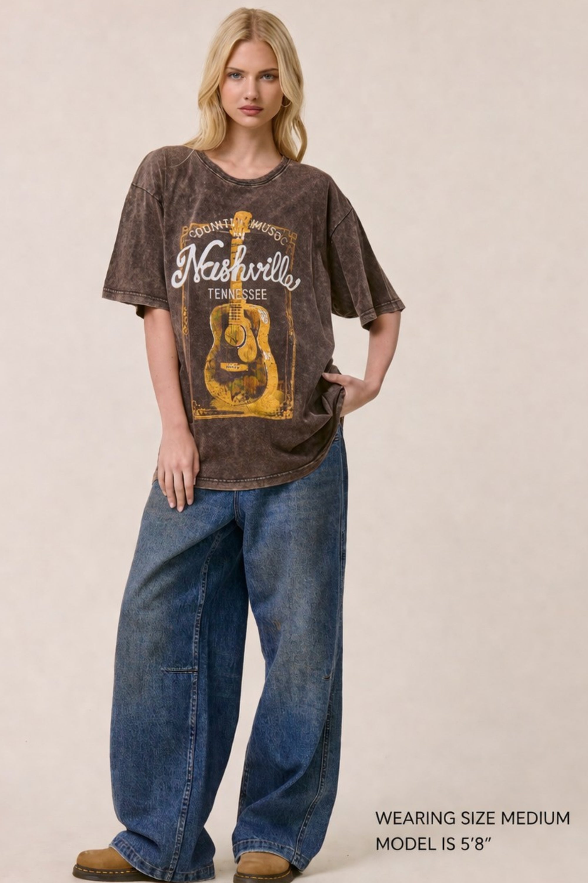 FORYERI Vintage Nashville Guitar Graphic Tee – Washed Brown Country Music Shirt, Relaxed Fit Western Style Top