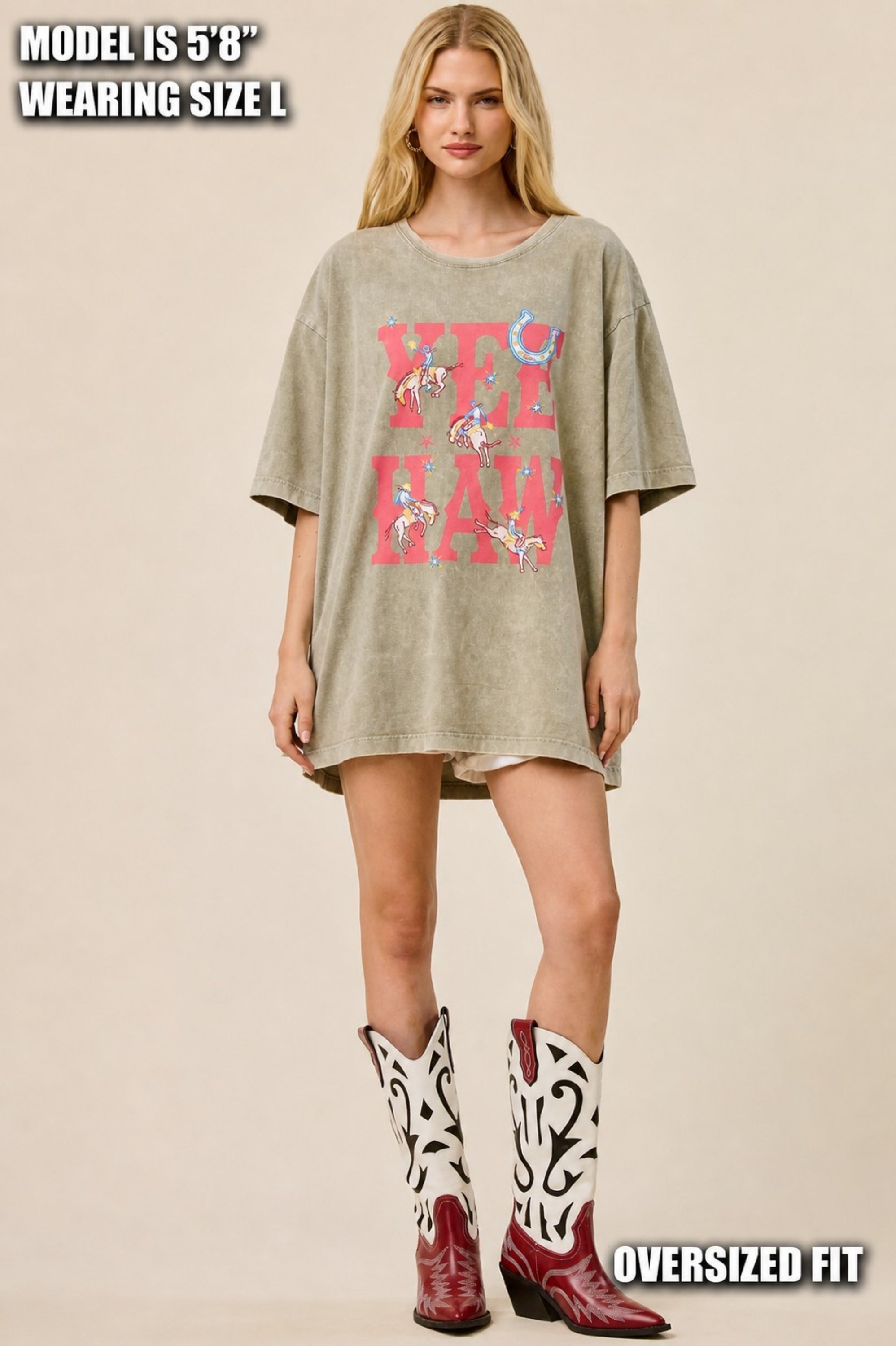 FORYERI Vintage Yee Haw Graphic Oversized Tee for Women – Western Rodeo Print, Washed Sage, Relaxed Loose Fit T-Shirt