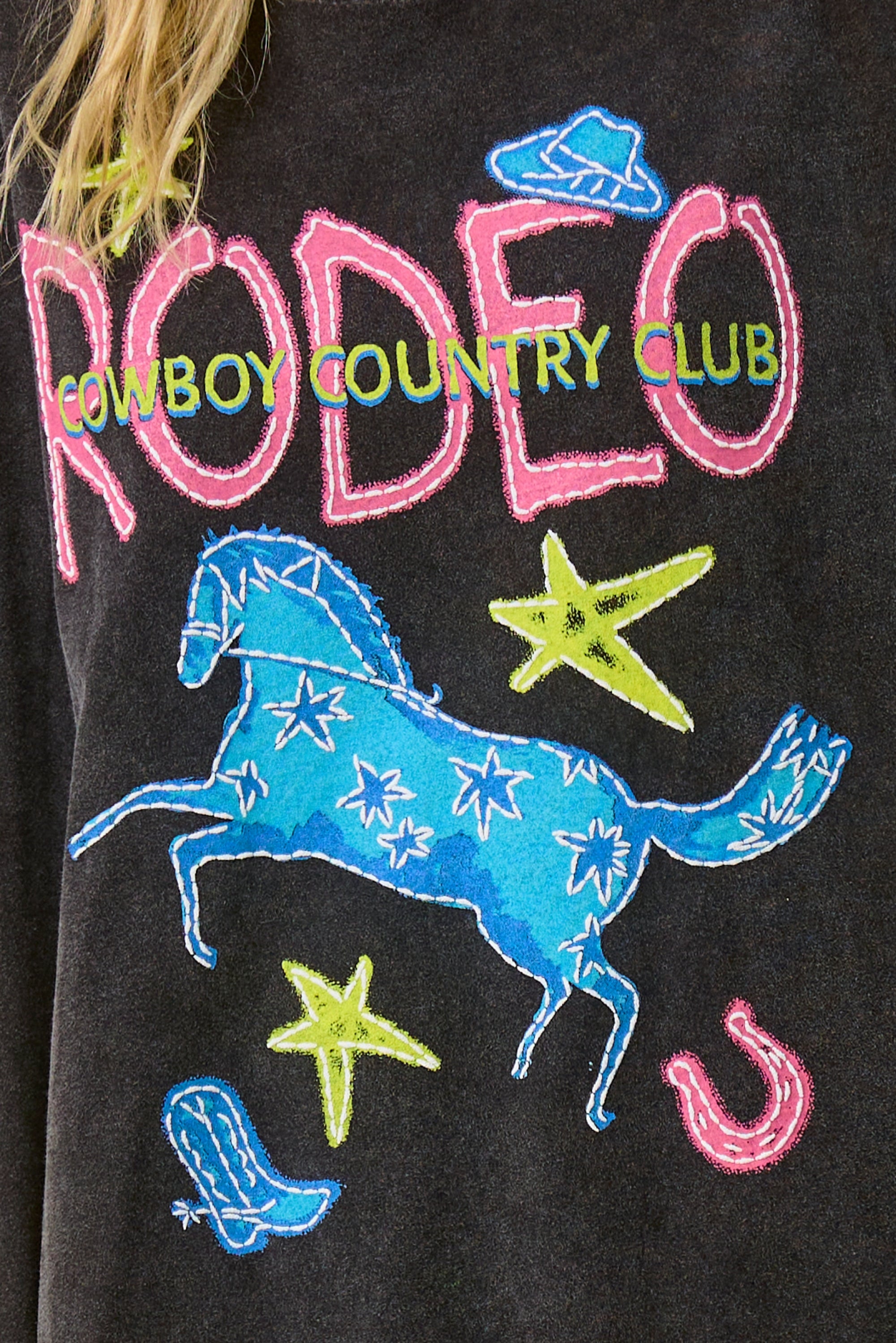 FORYERI Vintage Rodeo Graphic Oversized Tee for Women – Cowboy Country Club Print, Washed Black, Relaxed Loose Fit T-Shirt