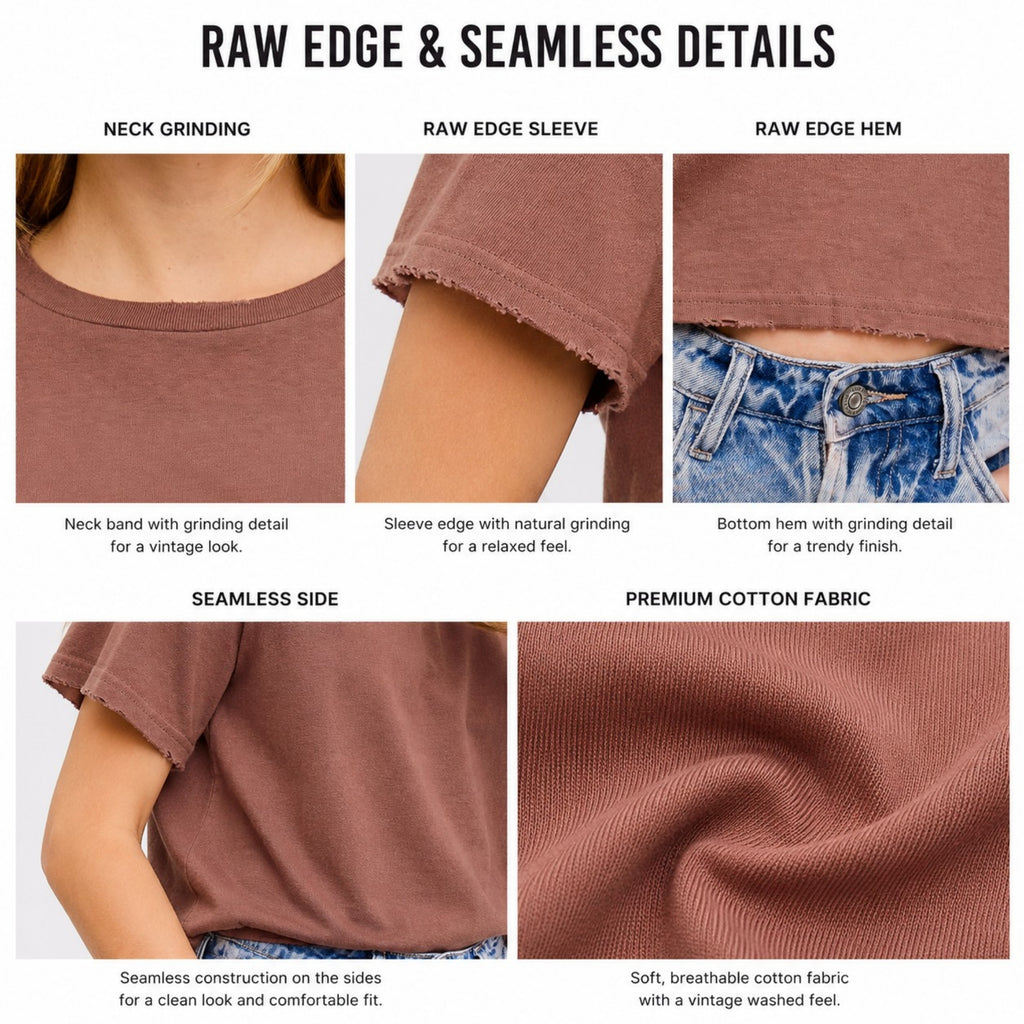 FORYERI Womens Raw Edge Crop Tee, Vintage Washed Cotton T Shirt, Grinding Detail Neck & Hem, Seamless Everyday Basic Top