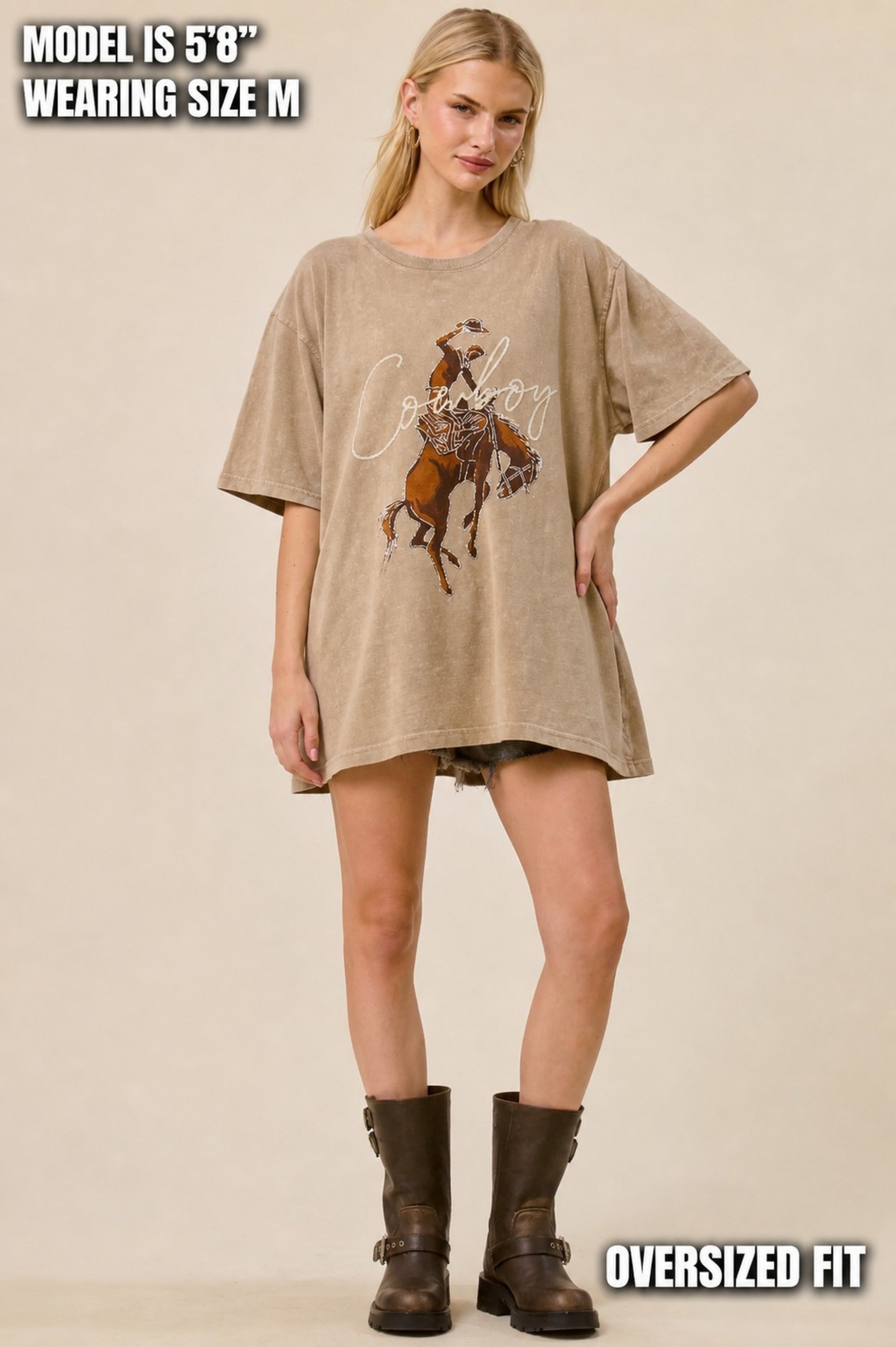 FORYERI Vintage Cowboy Graphic Oversized Tee for Women – Western Rodeo Print, Washed Tan, Relaxed Loose Fit T-Shirt