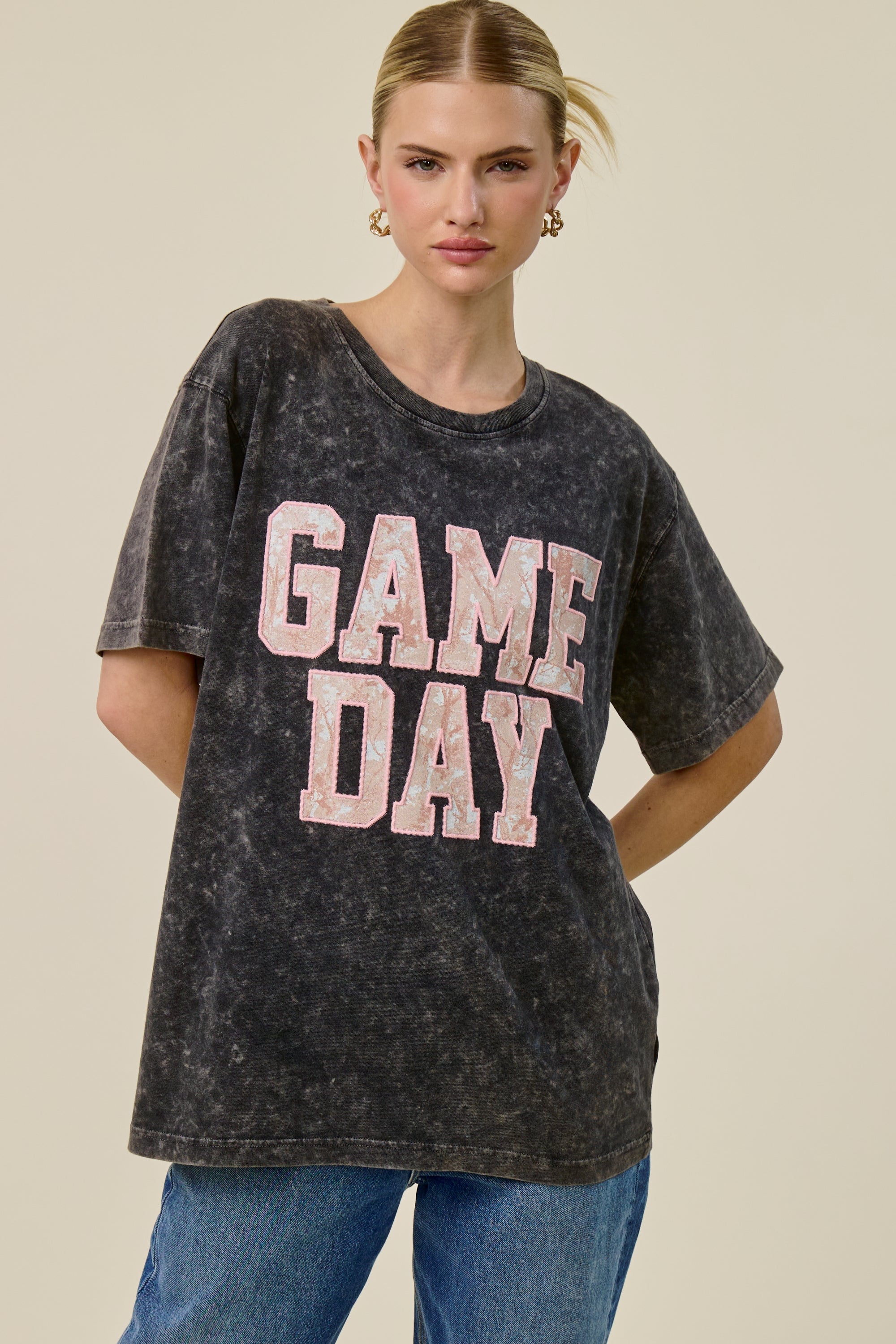 Game Day Oversized Graphic Tee for Women – Vintage Mineral Washed Football T-Shirt