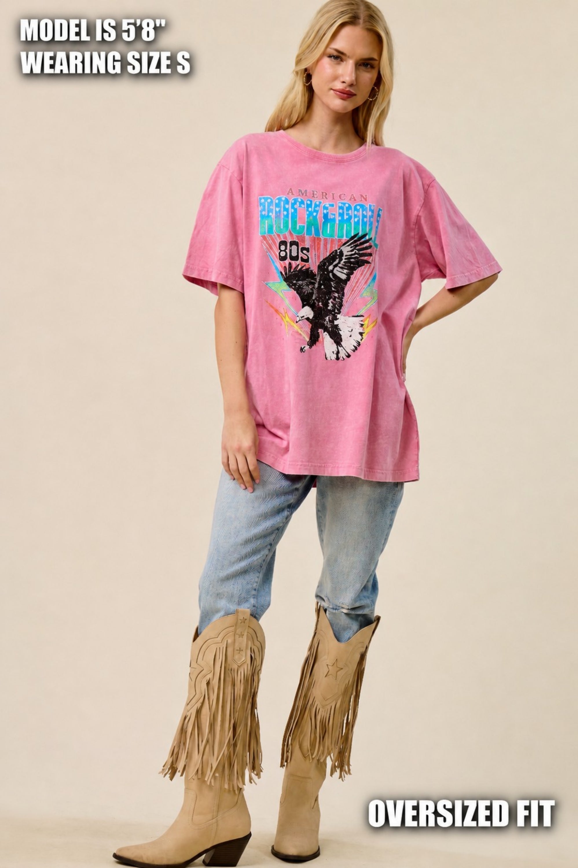 FORYERI Vintage Rock & Roll Graphic Oversized Tee for Women – American 80s Eagle Print, Washed Pink, Relaxed Loose Fit T-Shirt