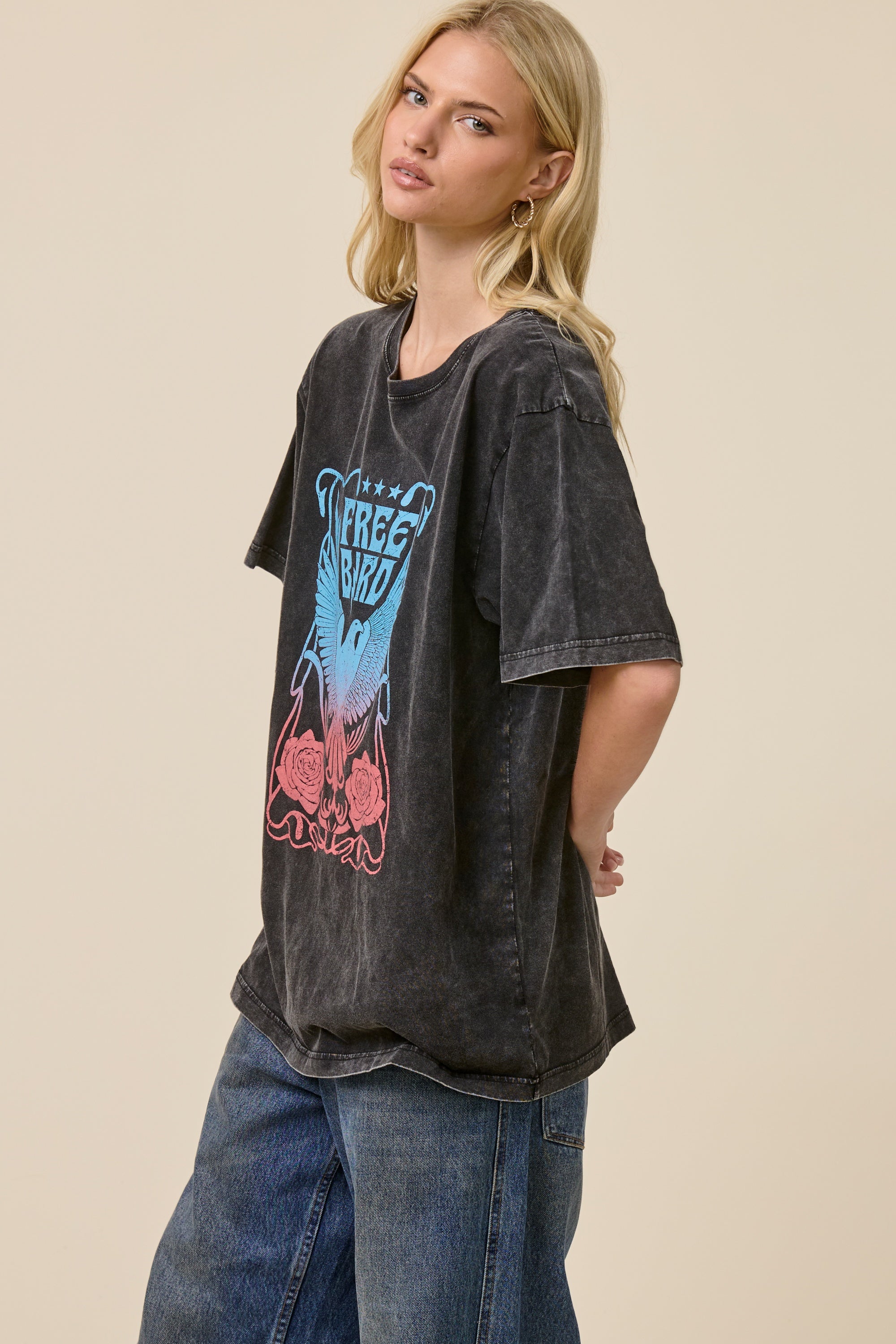 FORYERI Vintage Free Bird Graphic Tee – Washed Black Rock Style Shirt, Relaxed Fit Casual Western Top