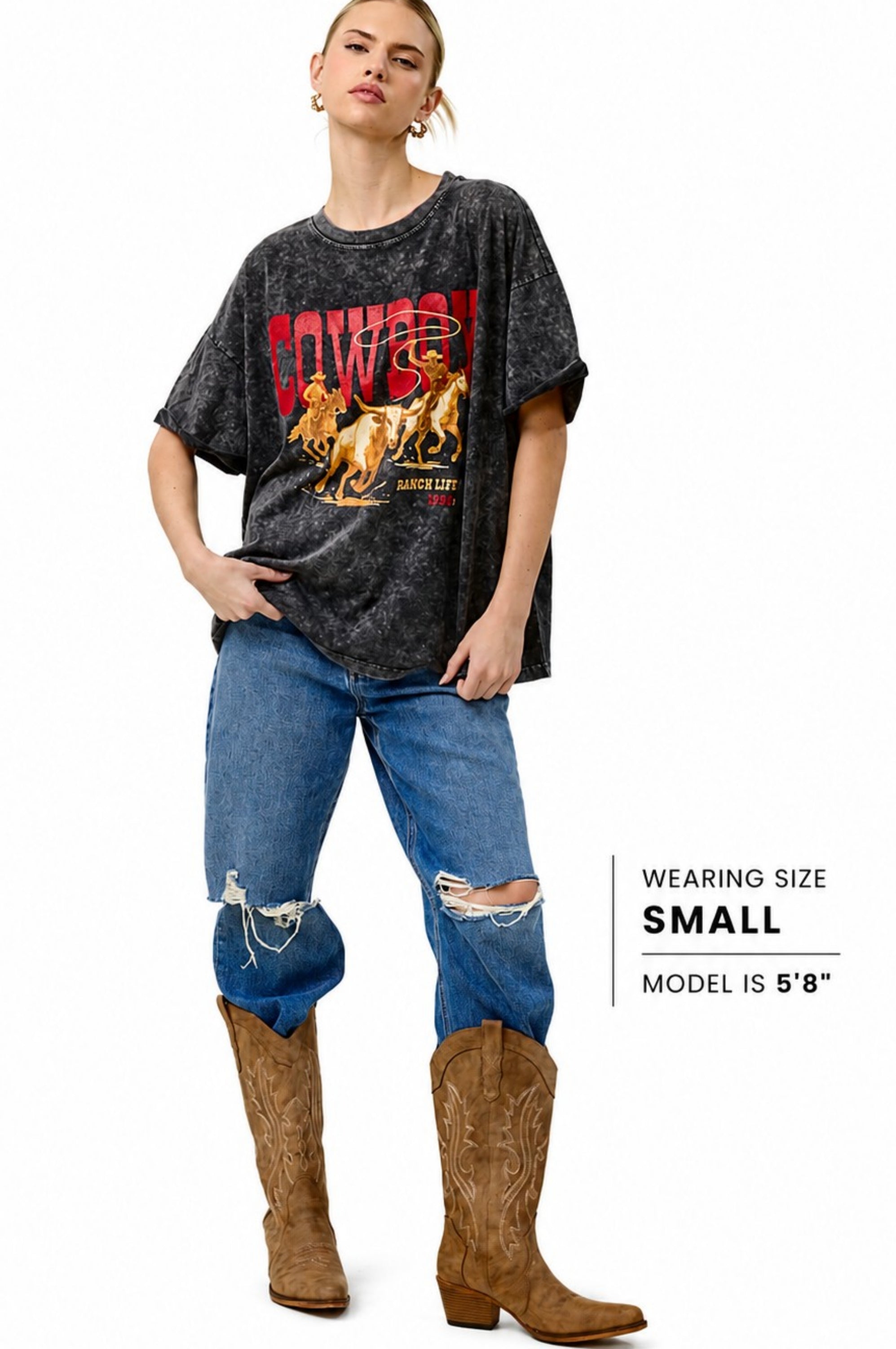 Vintage Cowboy Ranch Oversized Graphic Tee for Women – Mineral Washed Western T-Shirt