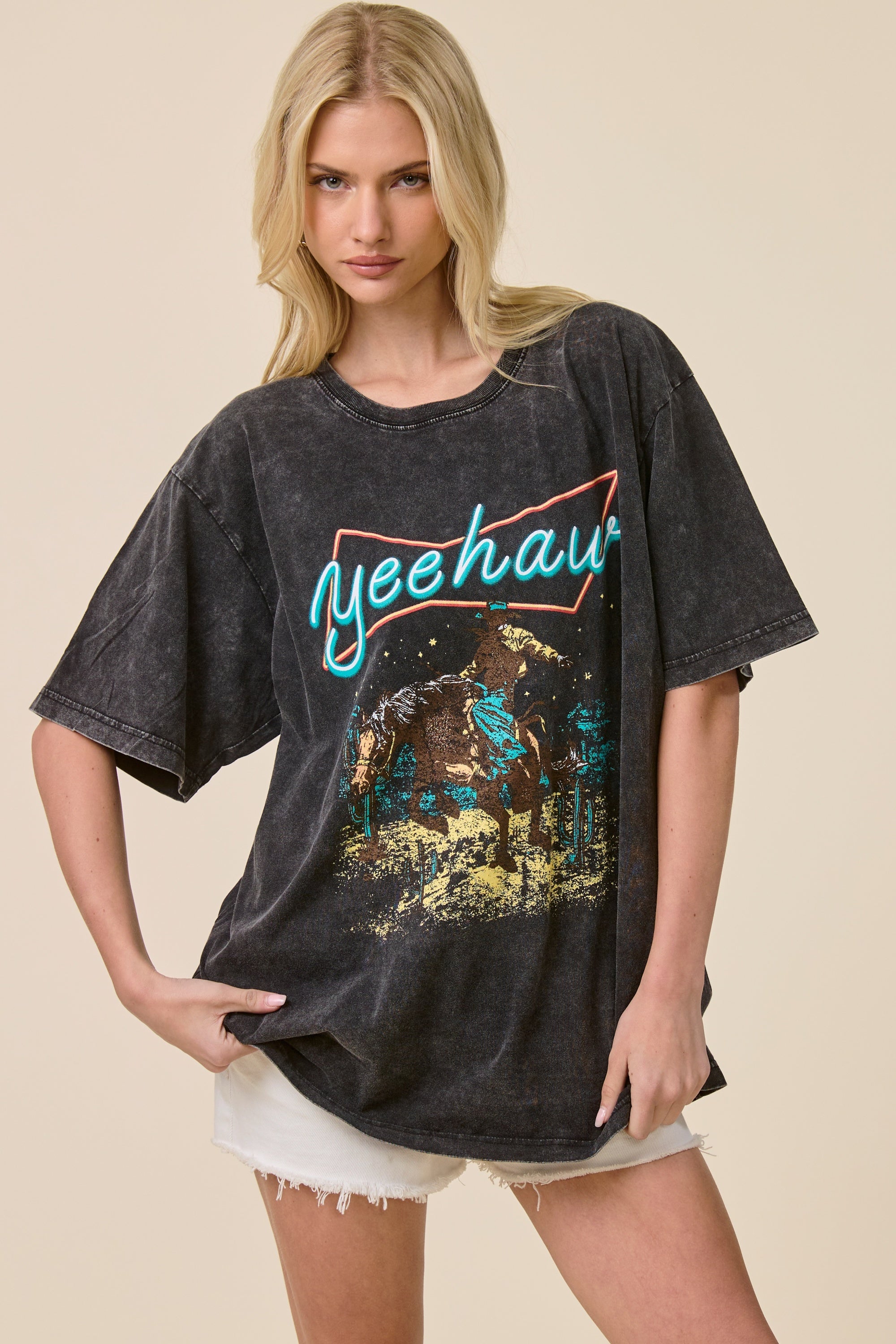 FORYERI Vintage Yeehaw Cowboy Oversized Tee – Washed Black Graphic T-Shirt