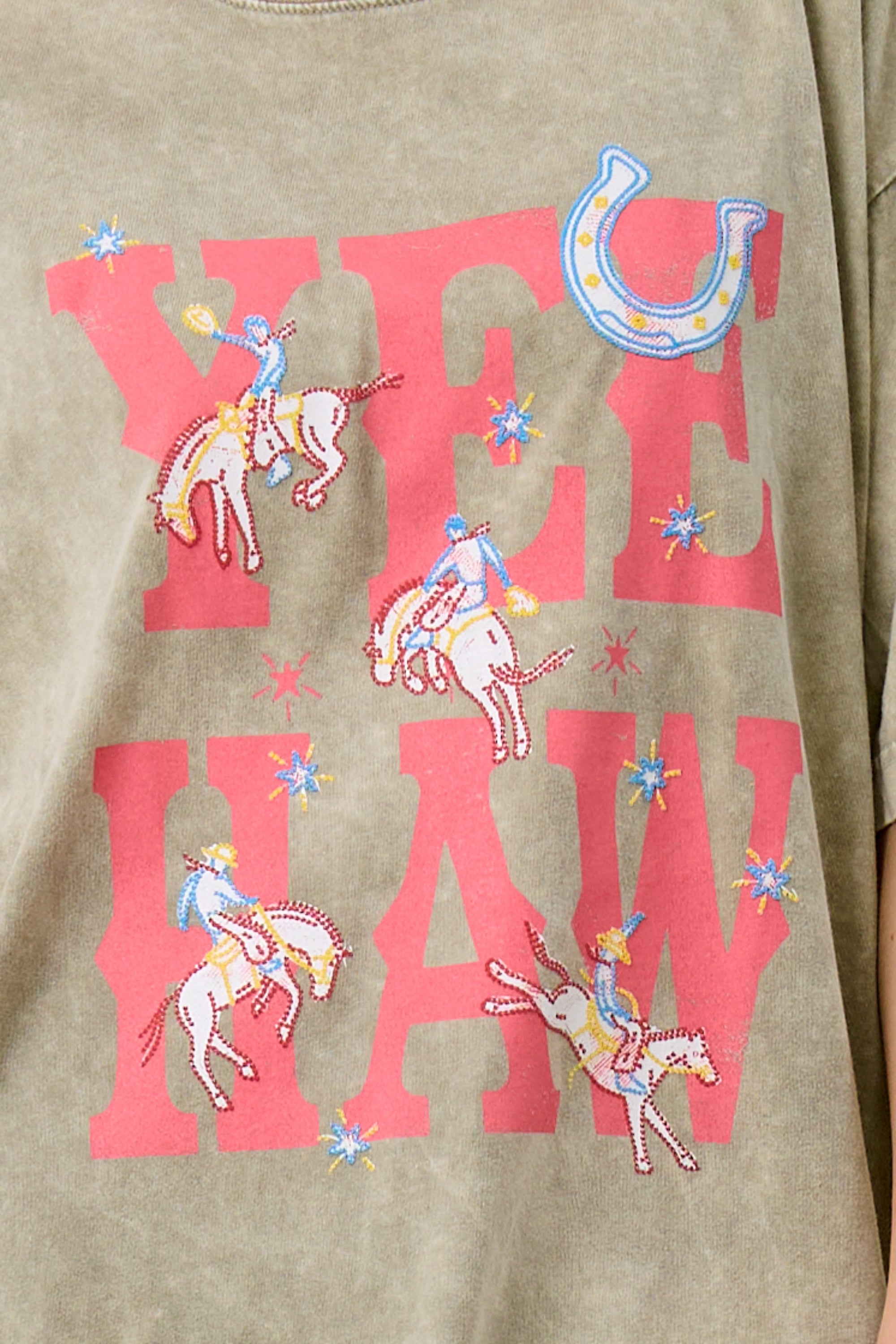 FORYERI Vintage Yee Haw Graphic Oversized Tee for Women – Western Rodeo Print, Washed Sage, Relaxed Loose Fit T-Shirt