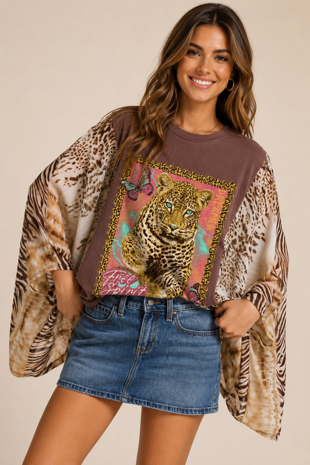 Womens Boho Leopard Kimono Sleeve Graphic Top Oversized Animal Print Poncho Tunic Loose Fit Blouse