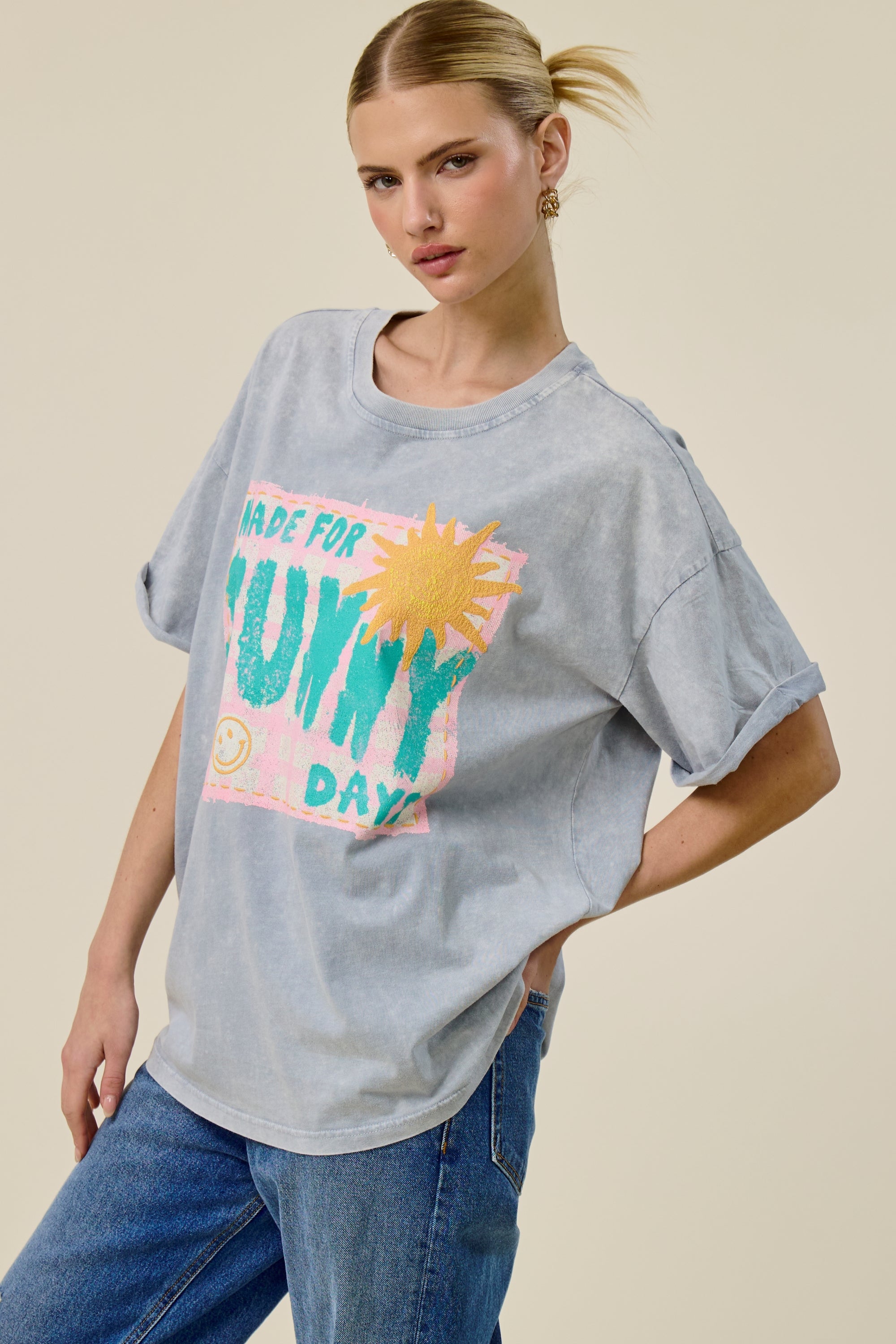 Made for Sunny Days Oversized Graphic Tee for Women – Vintage Mineral Washed Summer T-Shirt
